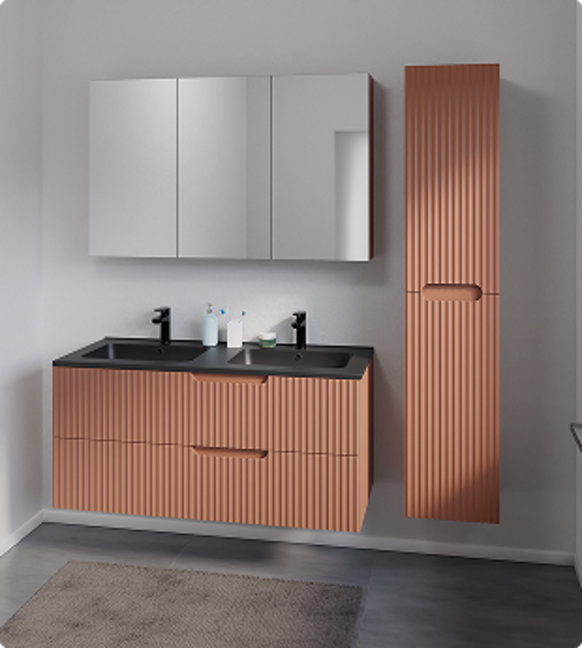 Stilvolle Badezimmerkombination mit Spiegelschrank, Doppelwaschbecken und rostfarbener Rillenoptik.