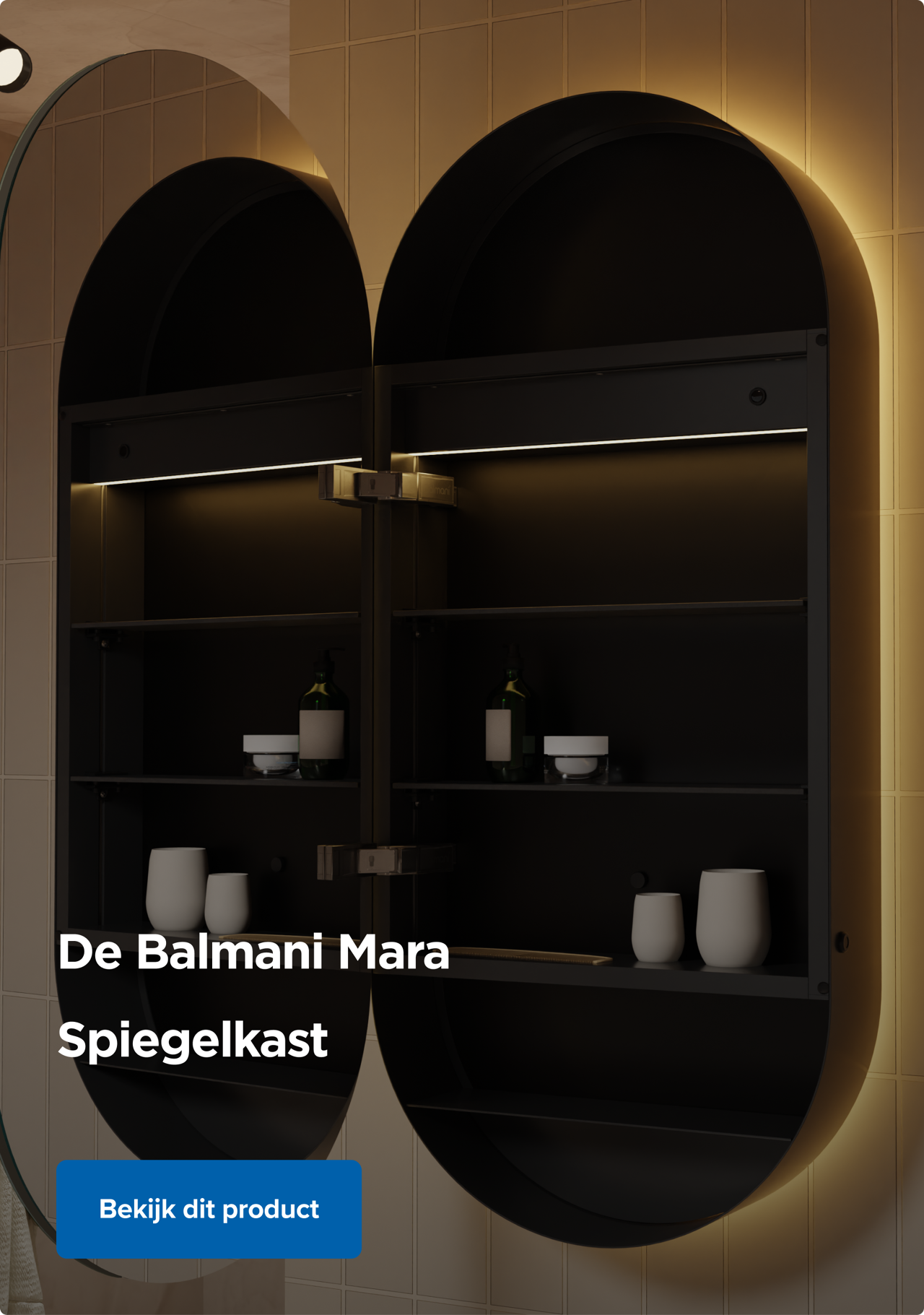 Luxe badkamer met Balmani Mara spiegelkast met ledverlichting, zwarte badkamermeubel en ovale spiegel