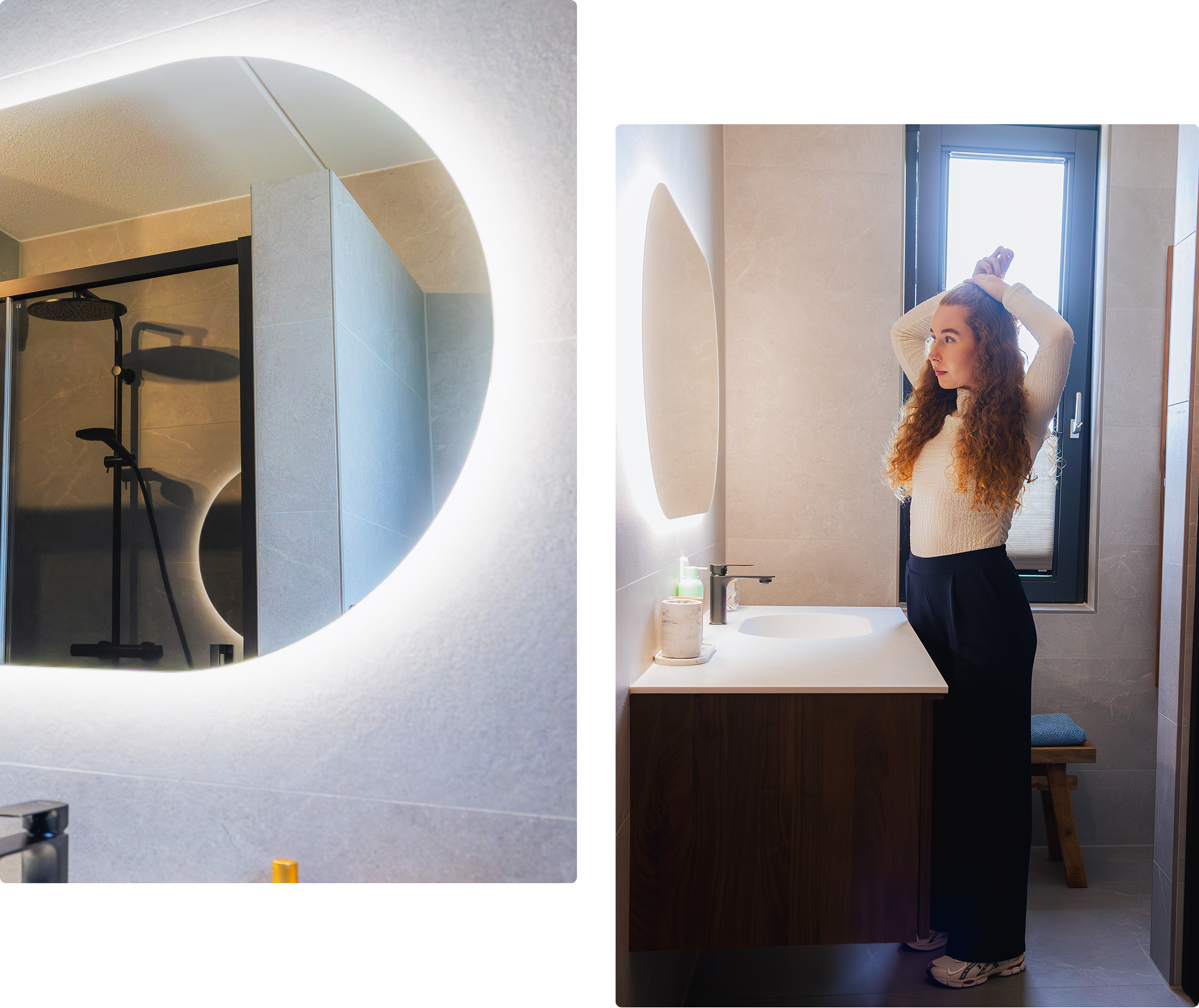 Links: Dusche gespiegelt im runden, beleuchteten Spiegel. Rechts: Michelle de Jongg richtet ihre Haare vor dem Spiegel im Bad.