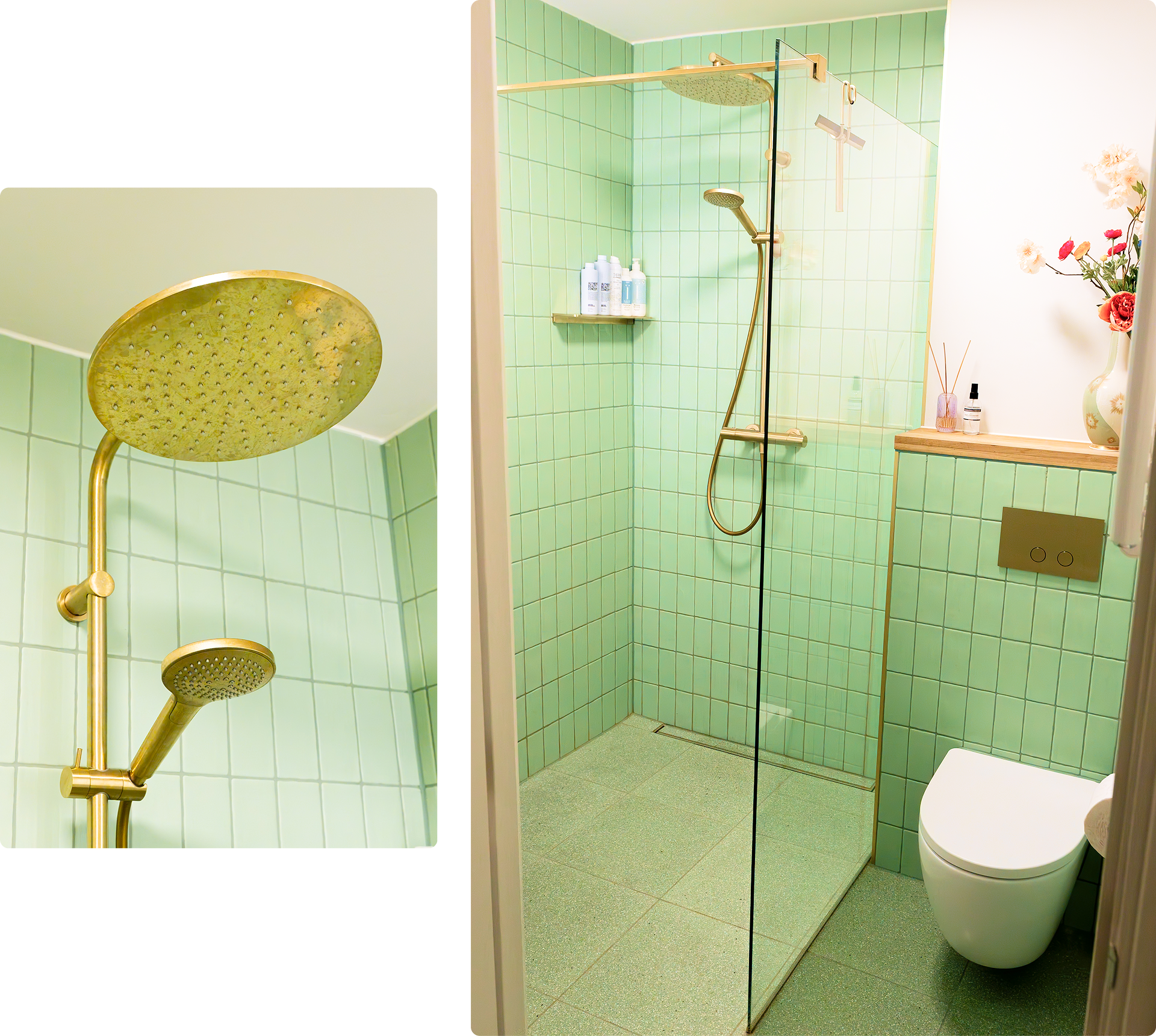In deze x²o badkamers zie je een moderne inloopdouche met gouden regendouche en handdouche, groene wandtegels, een glazen douchewand, een wandtoilet met gouden bedieningsplaat, en een houten plank met decoratie.