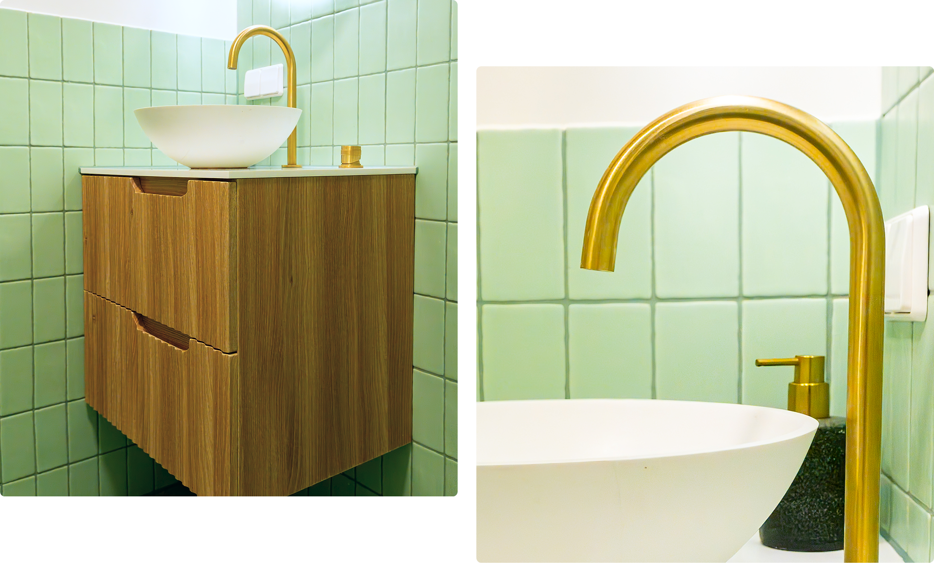 In deze x²o badkamers zie je een houten wastafelmeubel met een witte waskom en een hoge, gouden kraan, geplaatst tegen een wand met mintgroene tegels.