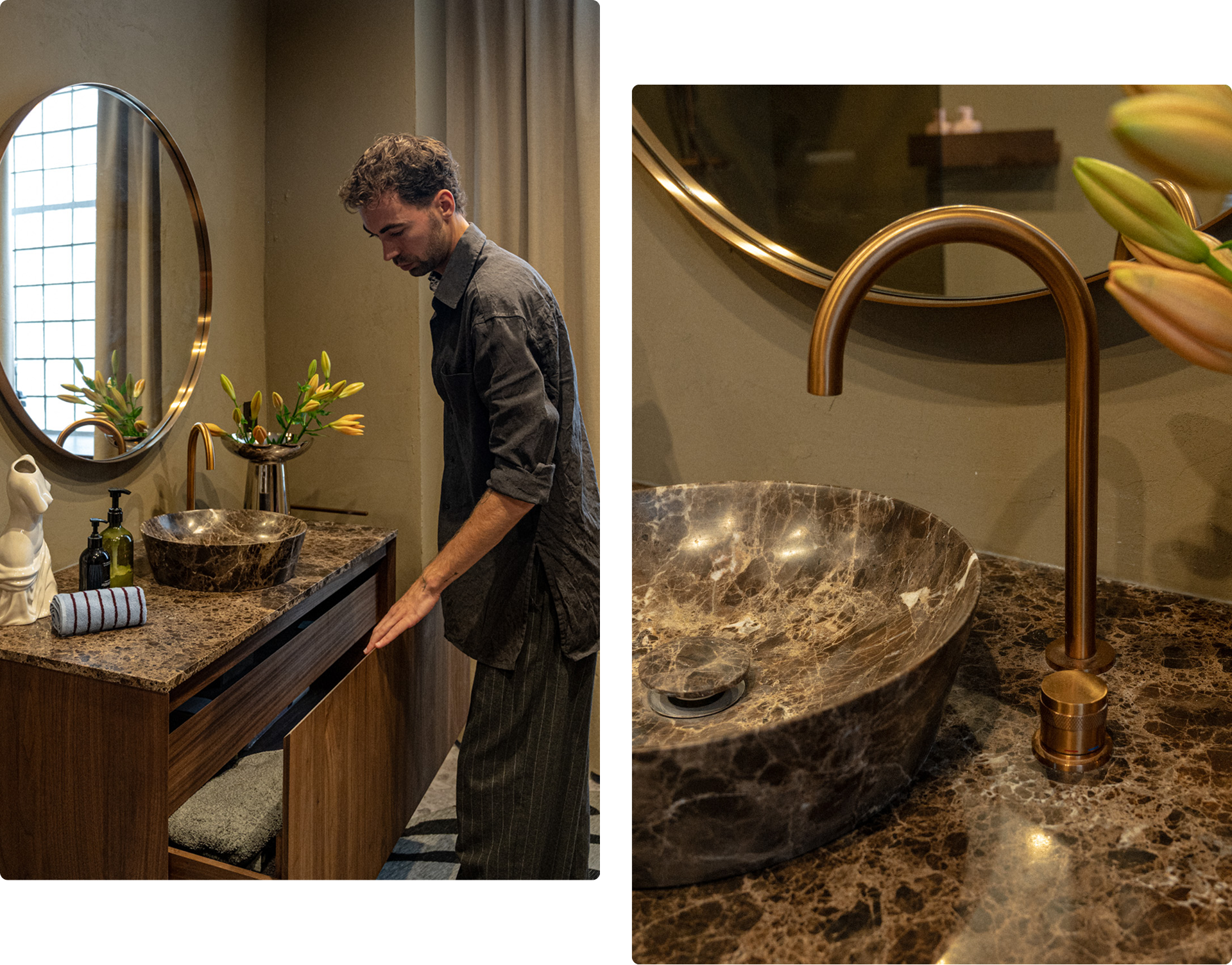 Daan Alferink öffnet eine Schublade des Badezimmerschranks von X²O mit Marmorplatte. Detailansicht der X²O-Armatur in gebürstetem Gold über einem Marmorbecken.