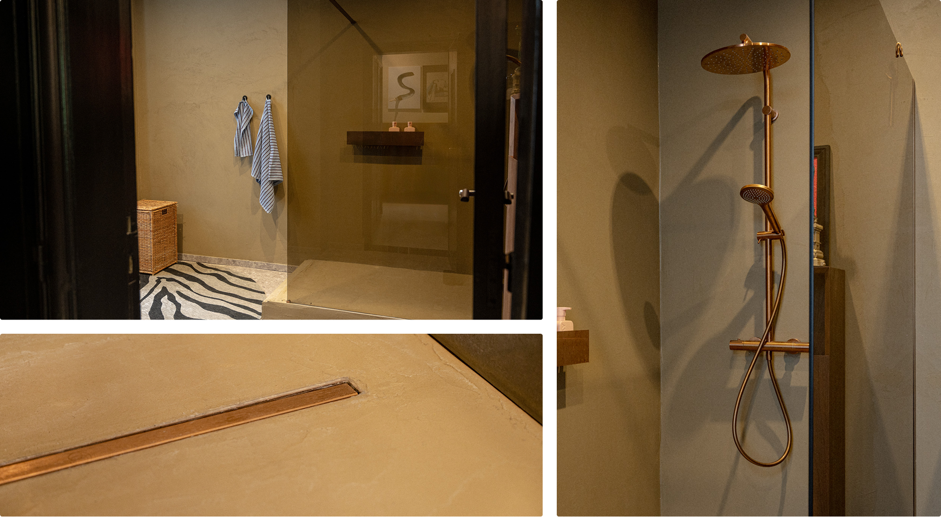 Begehbare Dusche mit Duschwand und Boden von X²O, kombiniert mit Zebrateppich. Regendusche in Kupferoptik aus der Duschkollektion von X²O Badezimmer.