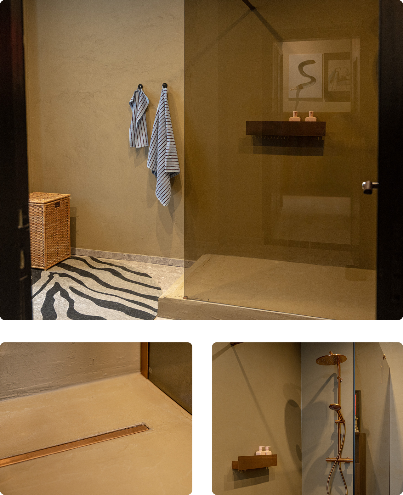 Begehbare Dusche mit Duschwand und Boden von X²O, kombiniert mit Zebrateppich. Regendusche in Kupferoptik aus der Duschkollektion von X²O Badezimmer.