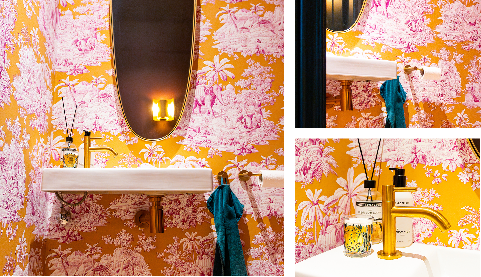 Close-up van een wastafel in de x²o badkamers stijl, met gouden kraan en sifon, voor een luxueuze toets tegen het kleurrijke behang.