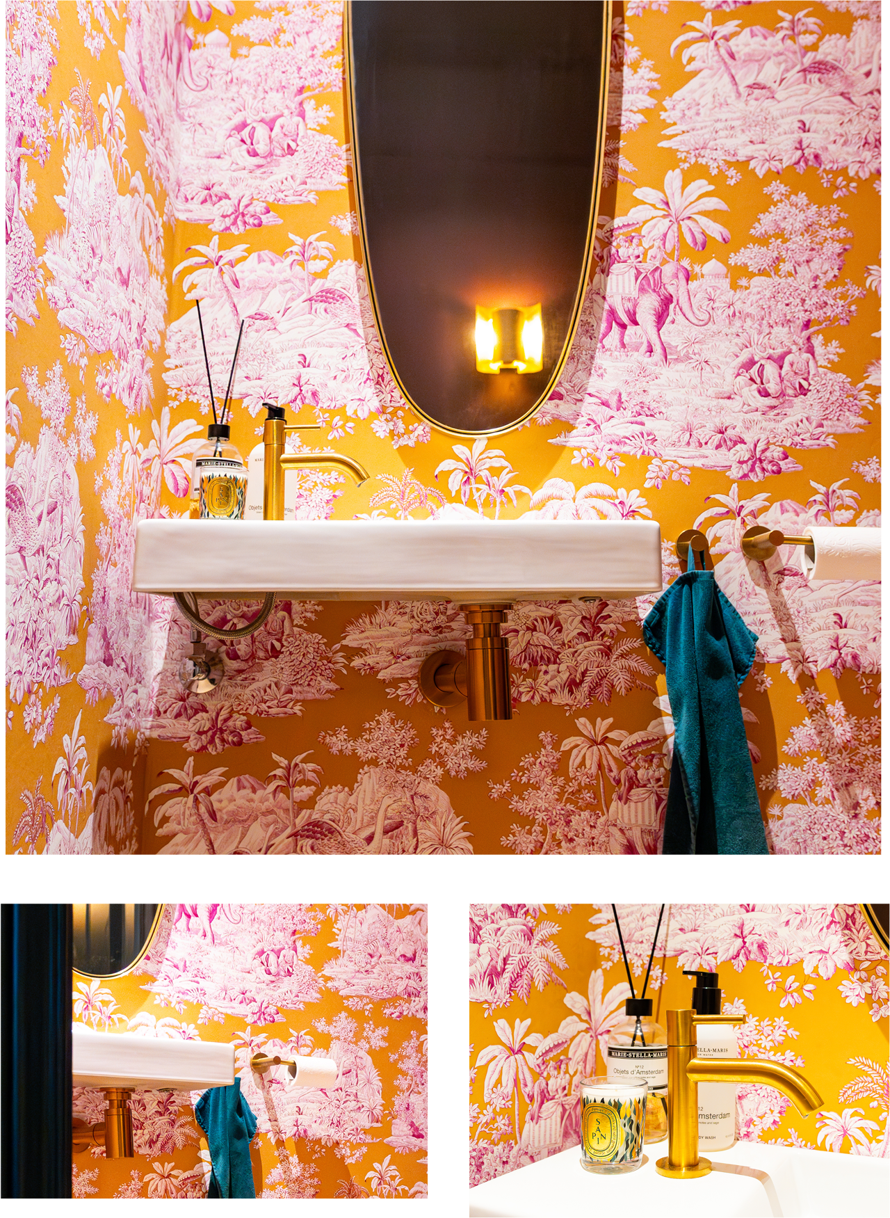 Close-up van een wastafel in de x²o badkamers stijl, met gouden kraan en sifon, voor een luxueuze toets tegen het kleurrijke behang.