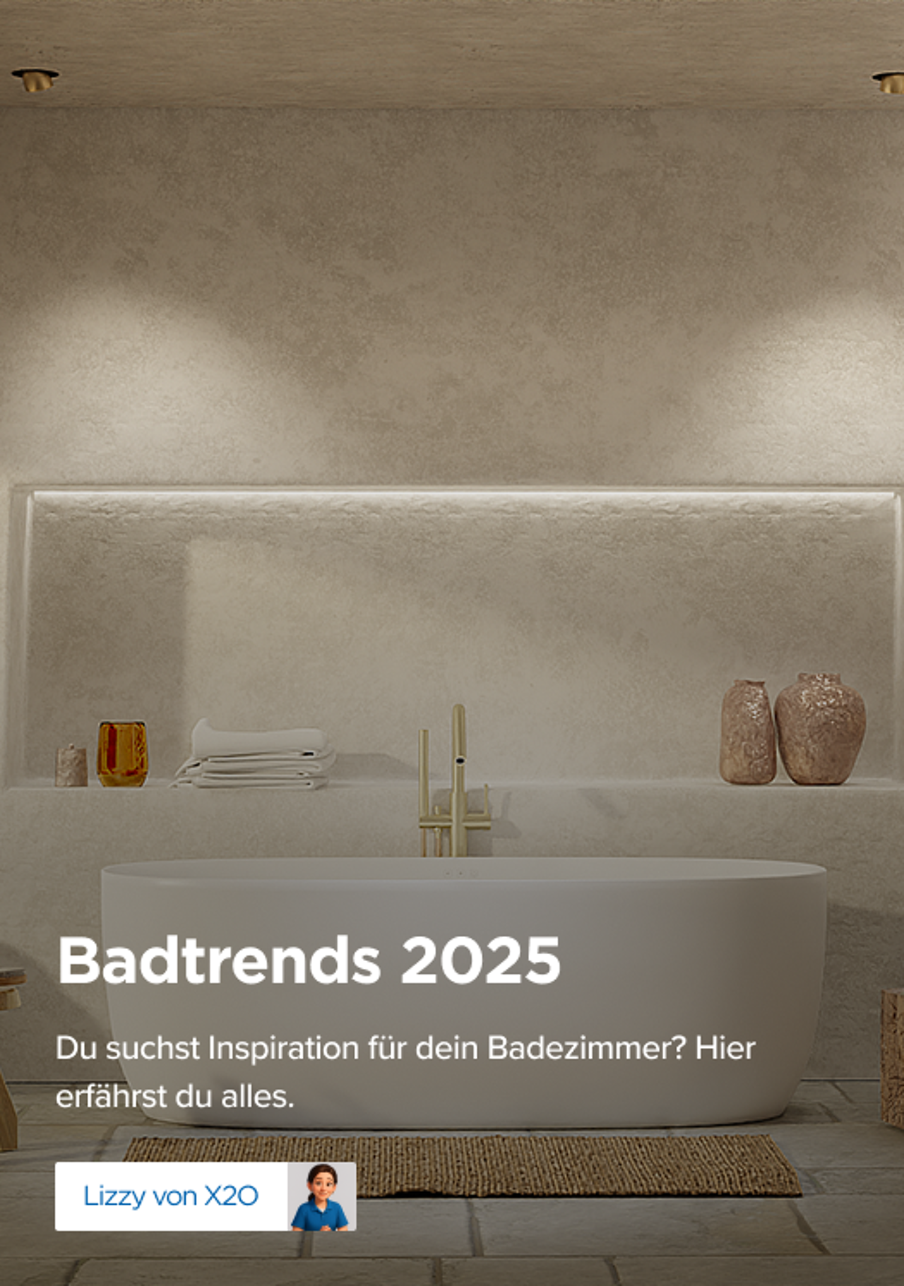 Minimalistisches x²o Badezimmer mit freistehender weißer Badewanne, Wandnische mit gefalteten Handtüchern und Keramikvasen, goldener Armatur, natürlichen Farben und dekorativem Holzhocker in einem modernen Raum mit Treppe.