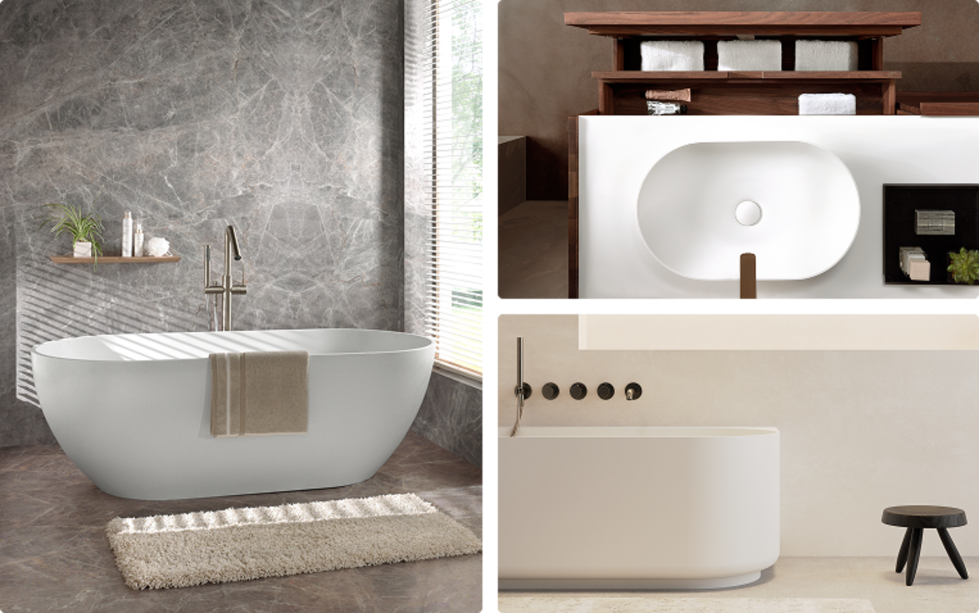 x²o Badezimmer im Japandi-Stil mit freistehender weißer Badewanne, Natursteinwand, Holzregal mit Pflanzen, Waschbecken mit Holzablage und neutralen Farbtönen für eine beruhigende Atmosphäre.