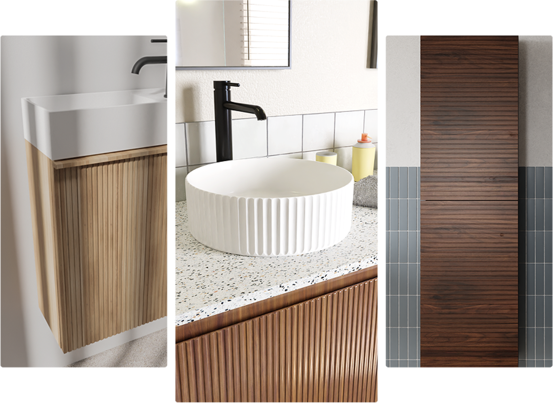 x²o Badezimmer mit Fokus auf Textur, vertikale Holzlatten an den Badmöbeln, moderne weiße Waschbecken, Terrazzo-Arbeitsplatte und mattschwarze Armaturen für einen stilvollen und spielerischen Look.