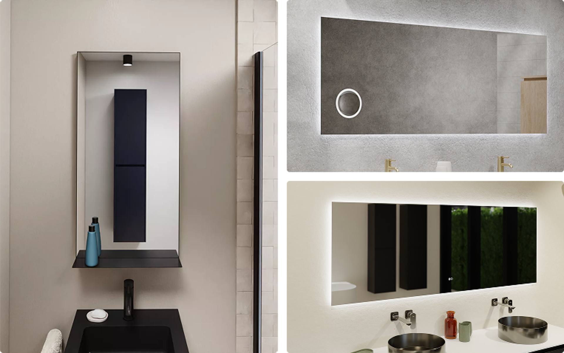 Collage mit verschiedenen Spiegelvarianten: quadratisch, länglich und beleuchtet in unterschiedlichen Badezimmer-Arrangements – Ideen von x²o badkamers.