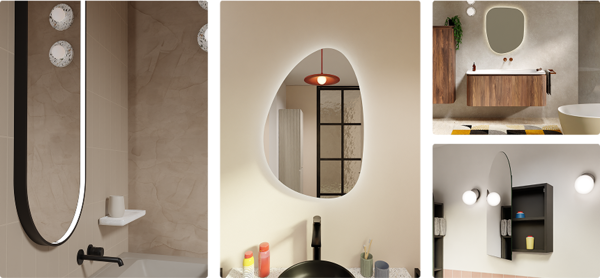 Collage von kreativ geformten Spiegeln wie oval, asymmetrisch und tropfenförmig, eingebettet in farbenfrohe, moderne Badezimmer – besondere Designs von x²o badkamers.