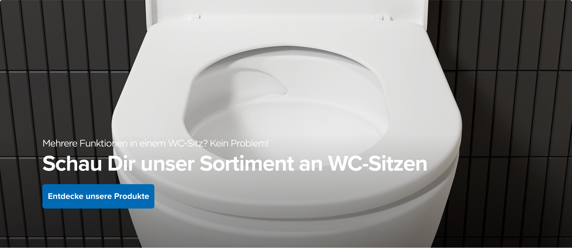 Nahaufnahme eines weißen WC-Sitzes mit dem Text „Mehrere Funktionen in einem WC-Sitz? Kein Problem!“ und einem blauen Button. Schau Dir das Sortiment von x²o badkamers an.