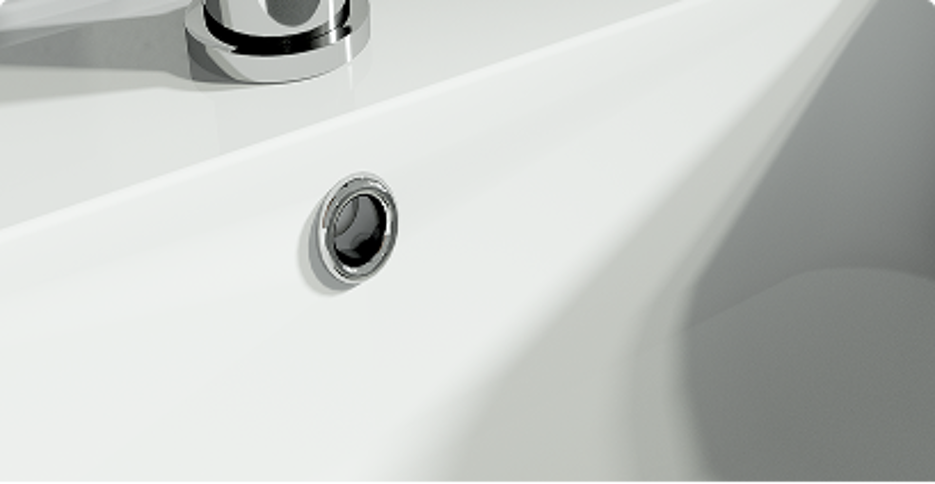 Close-up van een moderne witte wastafel met overloopgat en chroom kraan – stijlvol design van x²o badkamers.