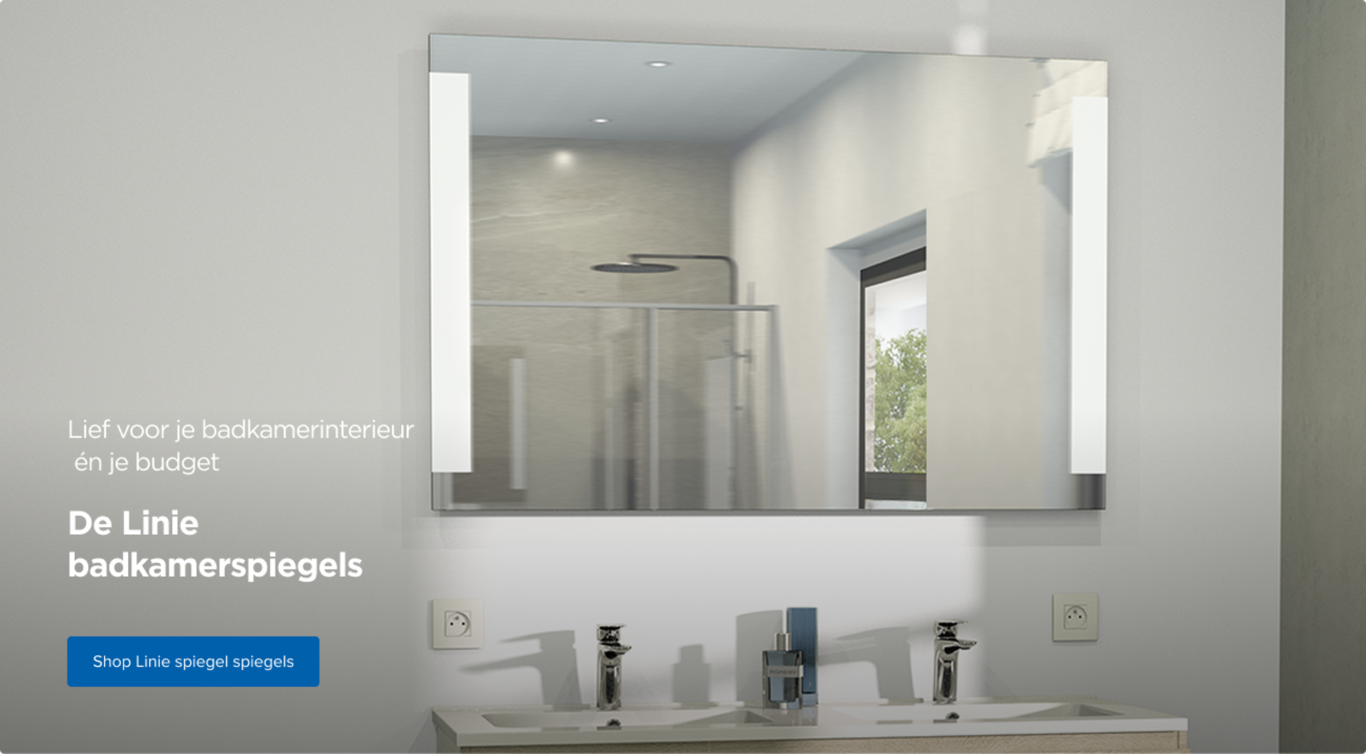 Een rechthoekige badkamerspiegel met geïntegreerde verticale verlichting langs beide zijden, boven een dubbele wastafel, in een lichte badkamer – budgetvriendelijke keuze van X²O badkamers.