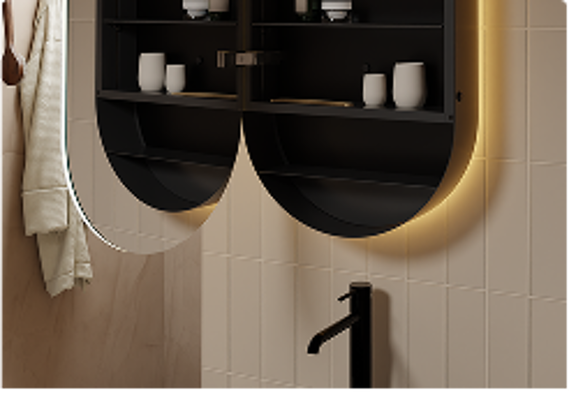Een zwarte spiegelkast met ronde deuren die openstaan en witte bekers op de planken tonen, verlicht met warme ledverlichting – slimme opbergoplossing van X²O badkamers.