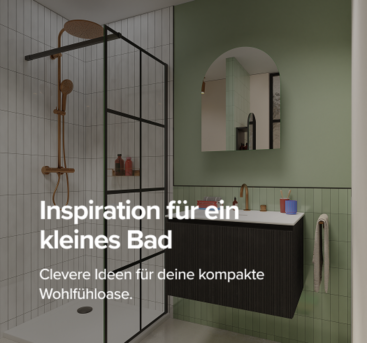 Eine moderne begehbare Dusche mit schwarzen Profilen und weißen Fliesen neben einem eleganten schwarzen Waschbeckenmöbel. Die grüne Wandfliese und die kupferfarbene Armatur setzen spannende Akzente – typisch für durchdachte x²o Badezimmer auf kleinem Raum.