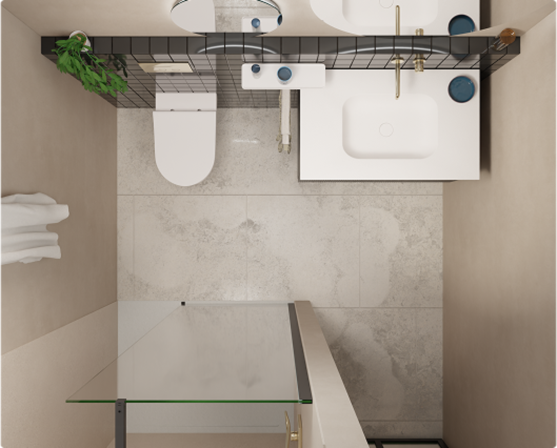 Bovenaanzicht van een compacte x²o badkamer met slimme indeling: een wandtoilet, een modern wastafelmeubel met kraan in geborsteld messing, een glazen douchewand en lichte, grote vloertegels. Een zwarte planchet met spiegels en blauwe accessoires zorgt voor stijlvolle accenten, terwijl een hangplant zorgt voor een fris gevoel.