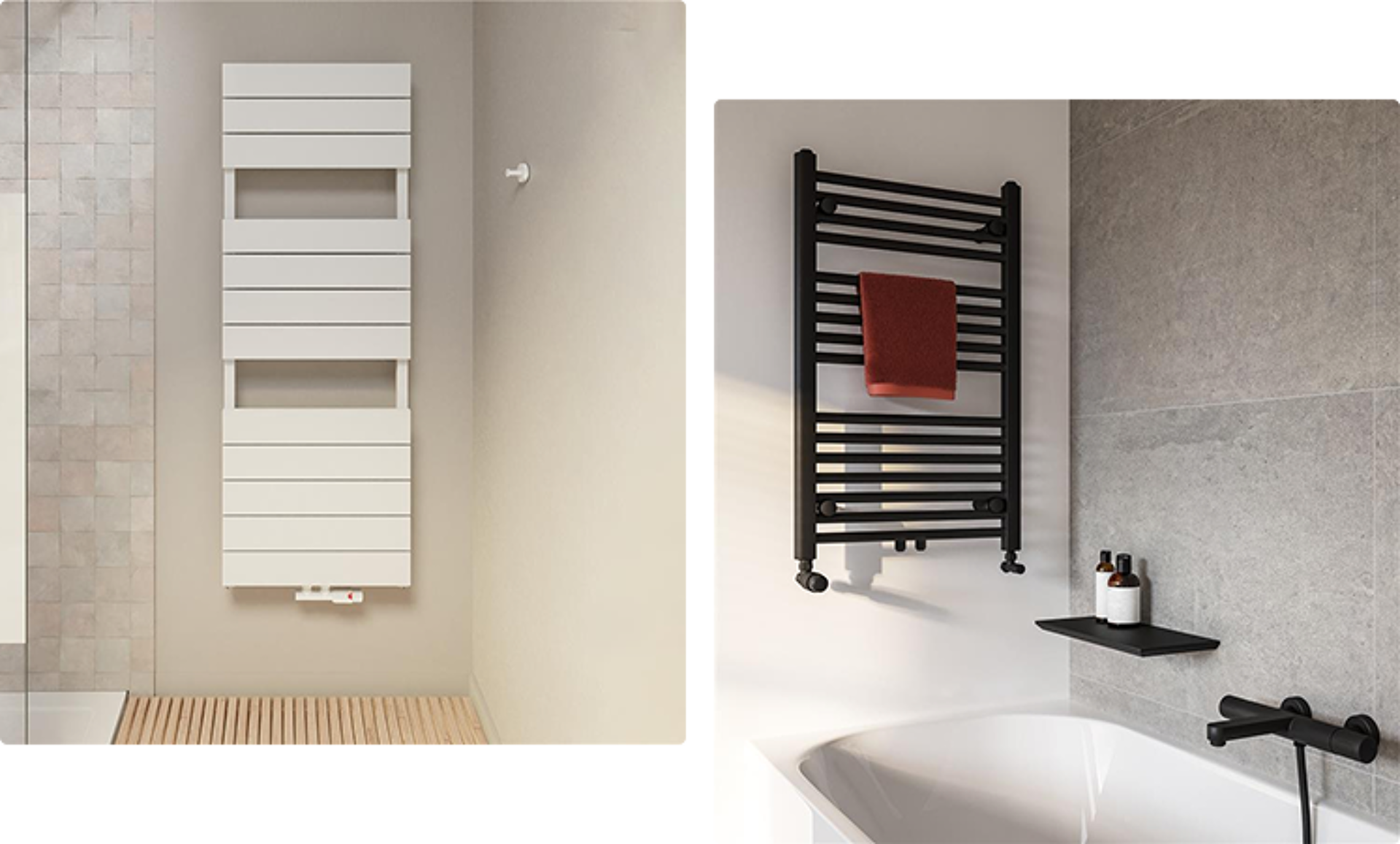 Twee verticale handdoekradiatoren gemonteerd aan de muur van een badkamer. Links een witte radiator met brede, vlakke panelen; rechts een zwarte radiator met horizontale stangen en een rode handdoek. Beide radiatoren zijn strak vormgegeven en passen perfect binnen het designaanbod van x²o badkamers.