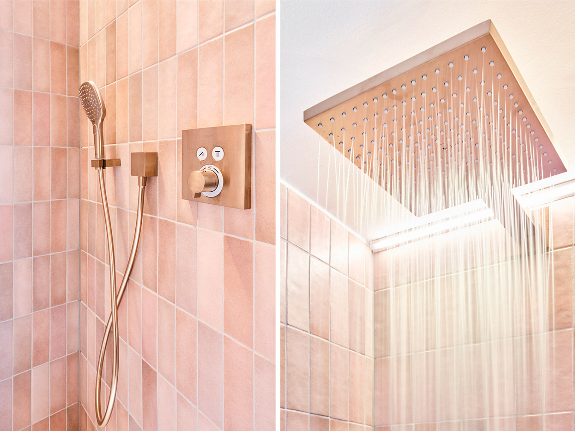 Regendusche mit goldenen Akzenten und rosa Fliesen