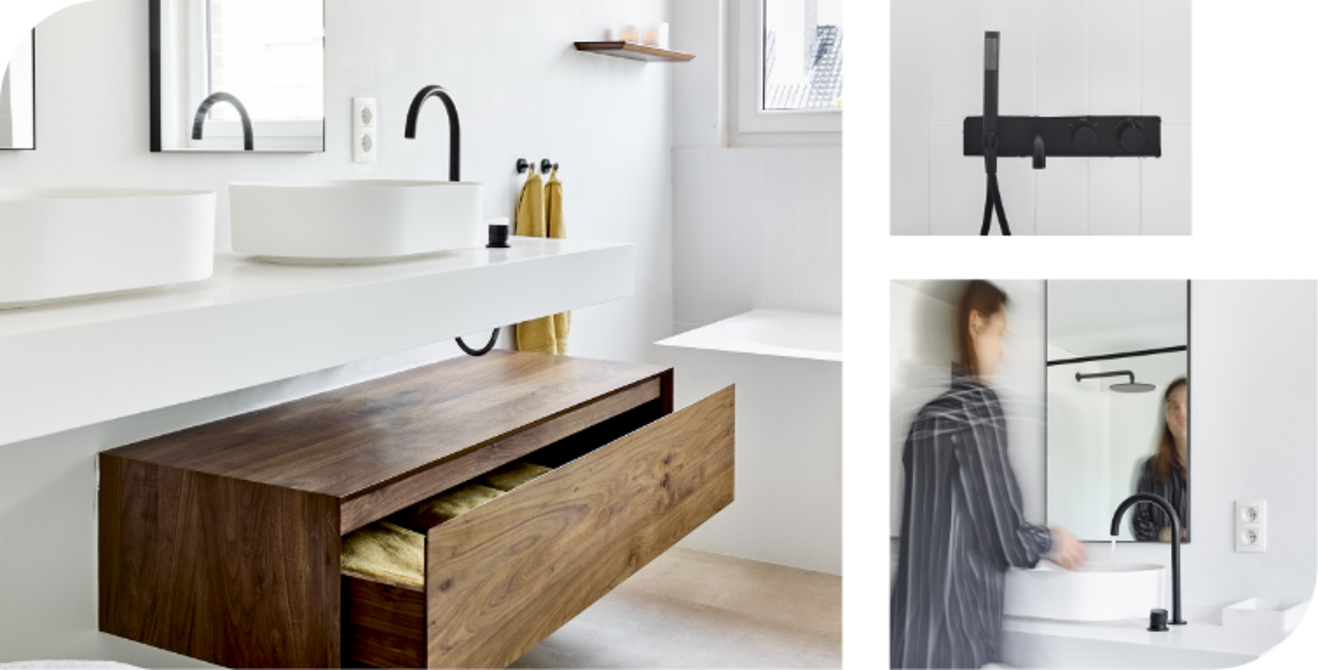 Modernes Badezimmer mit schwebendem Holzschrank und weißen Waschbecken.