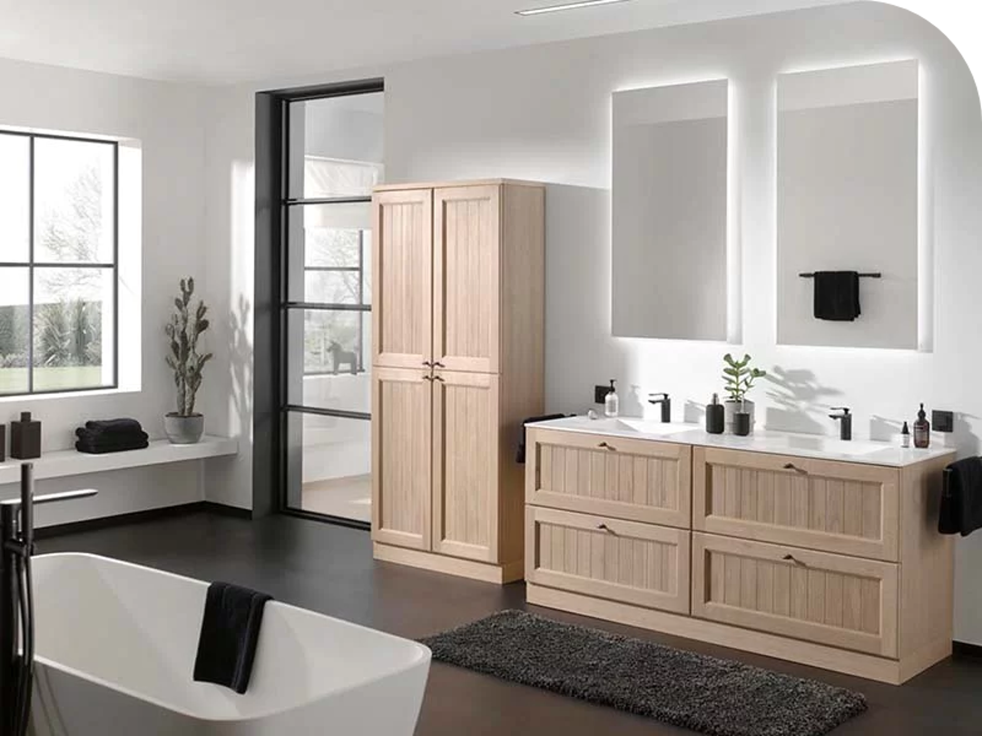 Moderne badkamer met houten meubels, dubbele wastafel, verlichte spiegels en vrijstaand bad