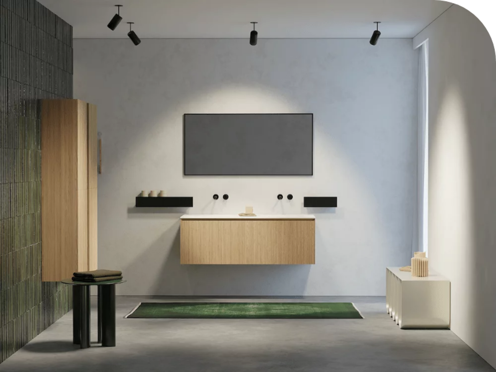 Zwevend houten badkamermeubel met geïntegreerde wastafel, modern minimalistisch design met zwarte accenten.