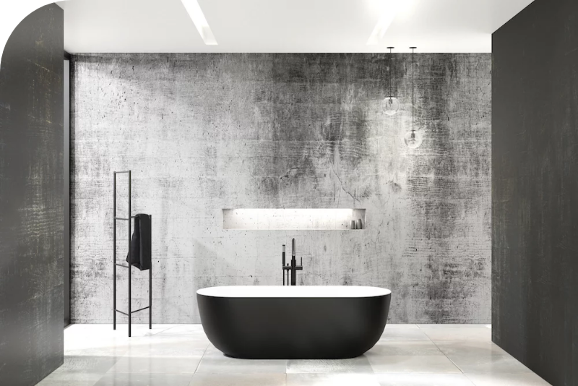 Freistehende Schwarz-Weiß-Badewanne in modernem Badezimmer mit Betonoptik-Wand, minimalistisches Luxusdesign.