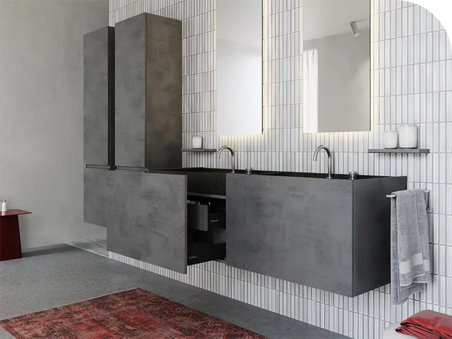 Meuble de salle de bains suspendu gris avec double vasque, tiroirs ouverts et armoires hautes, design moderne et élégant.