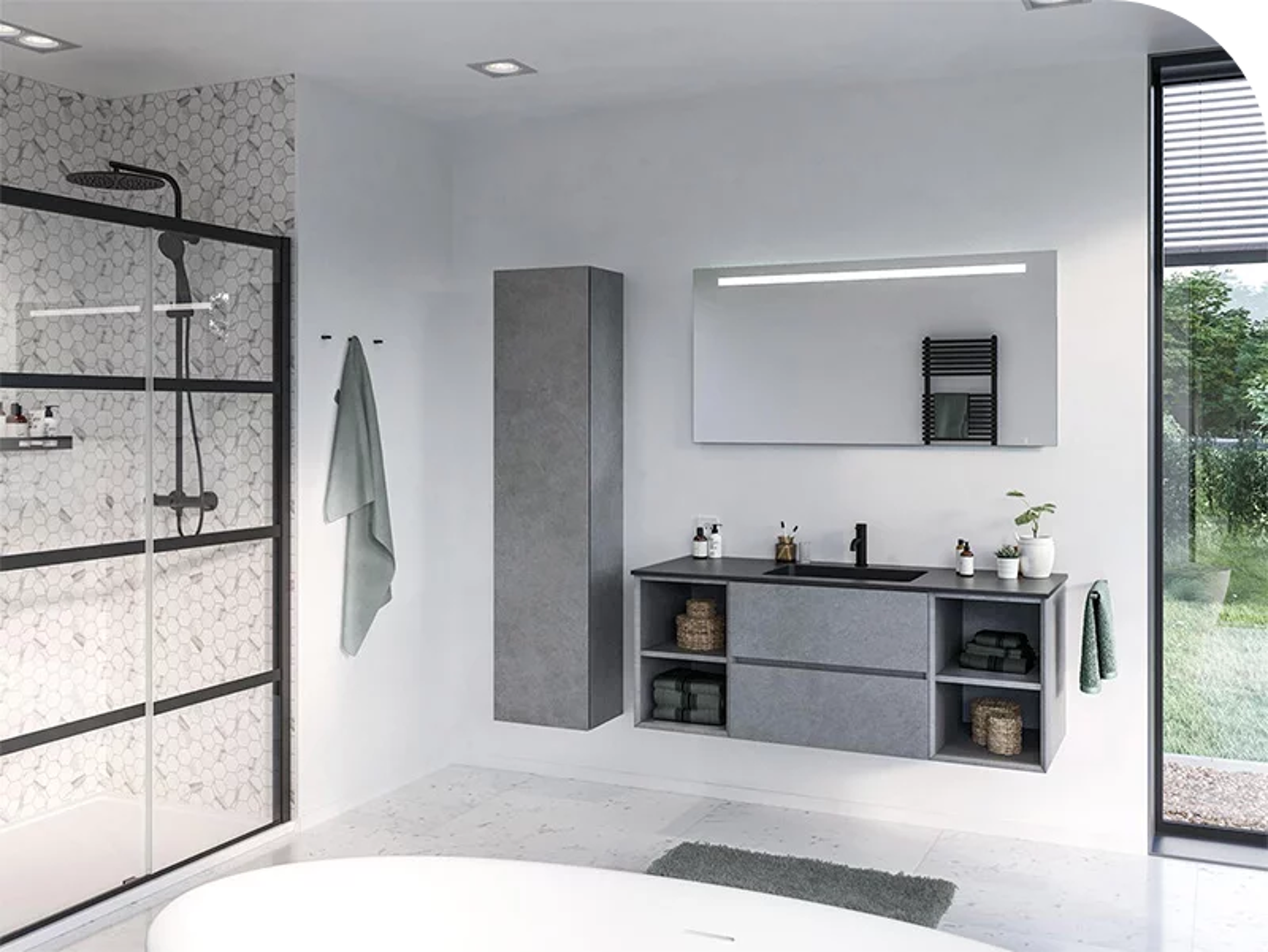 Modernes Badezimmer mit grauem Waschtisch, schwarzem Waschbecken und begehbarer Dusche mit Glas und schwarzen Akzenten.
