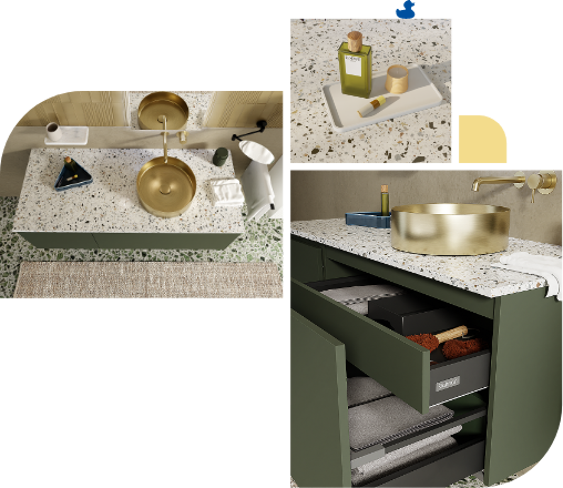Luxuriöses Badezimmer mit Terrazzo-Waschtisch, grünem Schrank und goldener Waschschüssel mit Armatur.