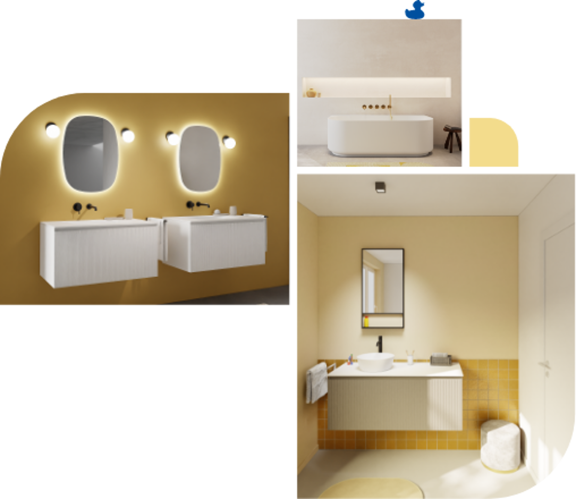 Modernes Badezimmer mit gelben Akzenten, schwebendem Waschbeckenmöbel und beleuchteten Spiegeln.