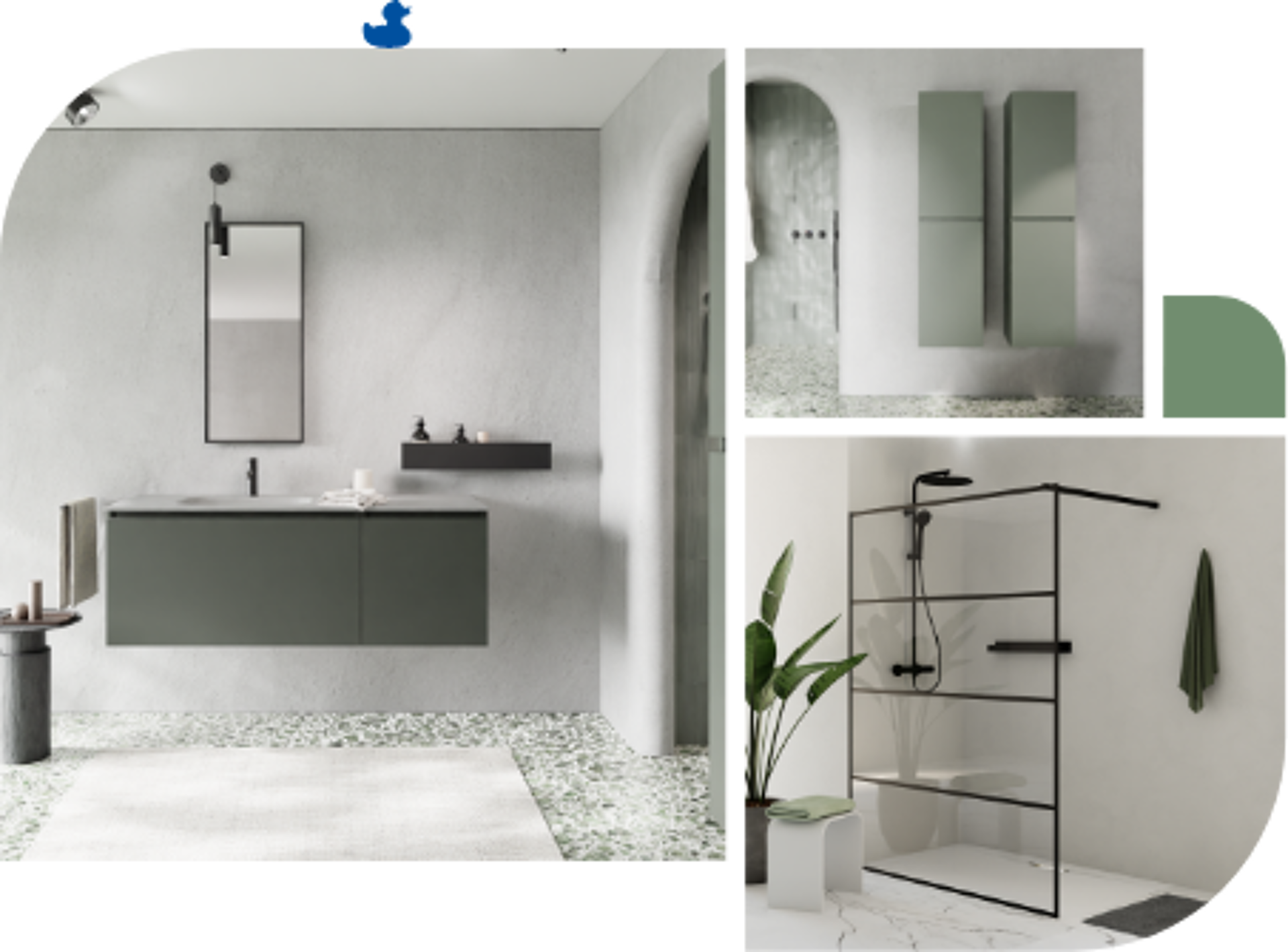 Modernes Badezimmer mit grünem schwebendem Waschbeckenmöbel, minimalistischer Dusche und Wandschränken.