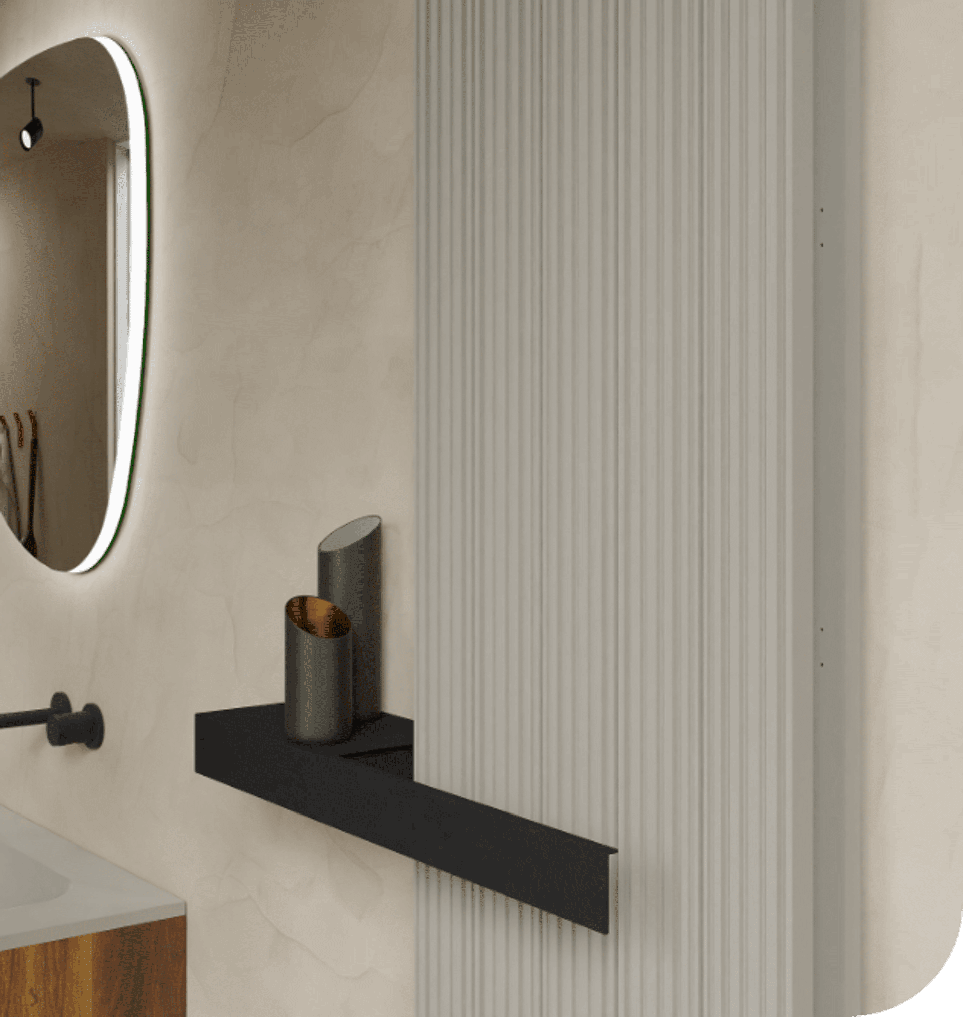 Designheizkörper mit vertikalen Rillen und schwarzem Regal, modern und stilvoll für ein luxuriöses Bad.