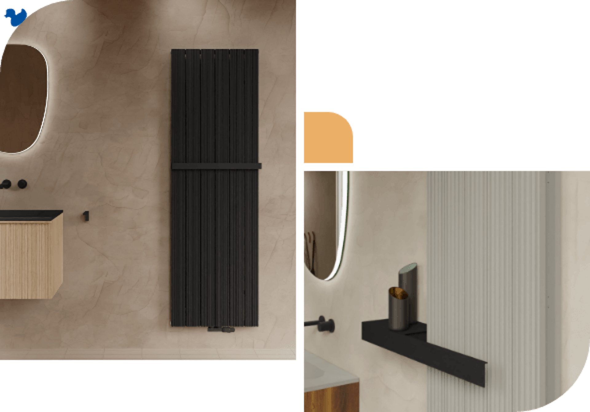Schwarze und beige Designheizkörper mit vertikalen Rillen und integrierten Accessoires für ein luxuriöses Bad.