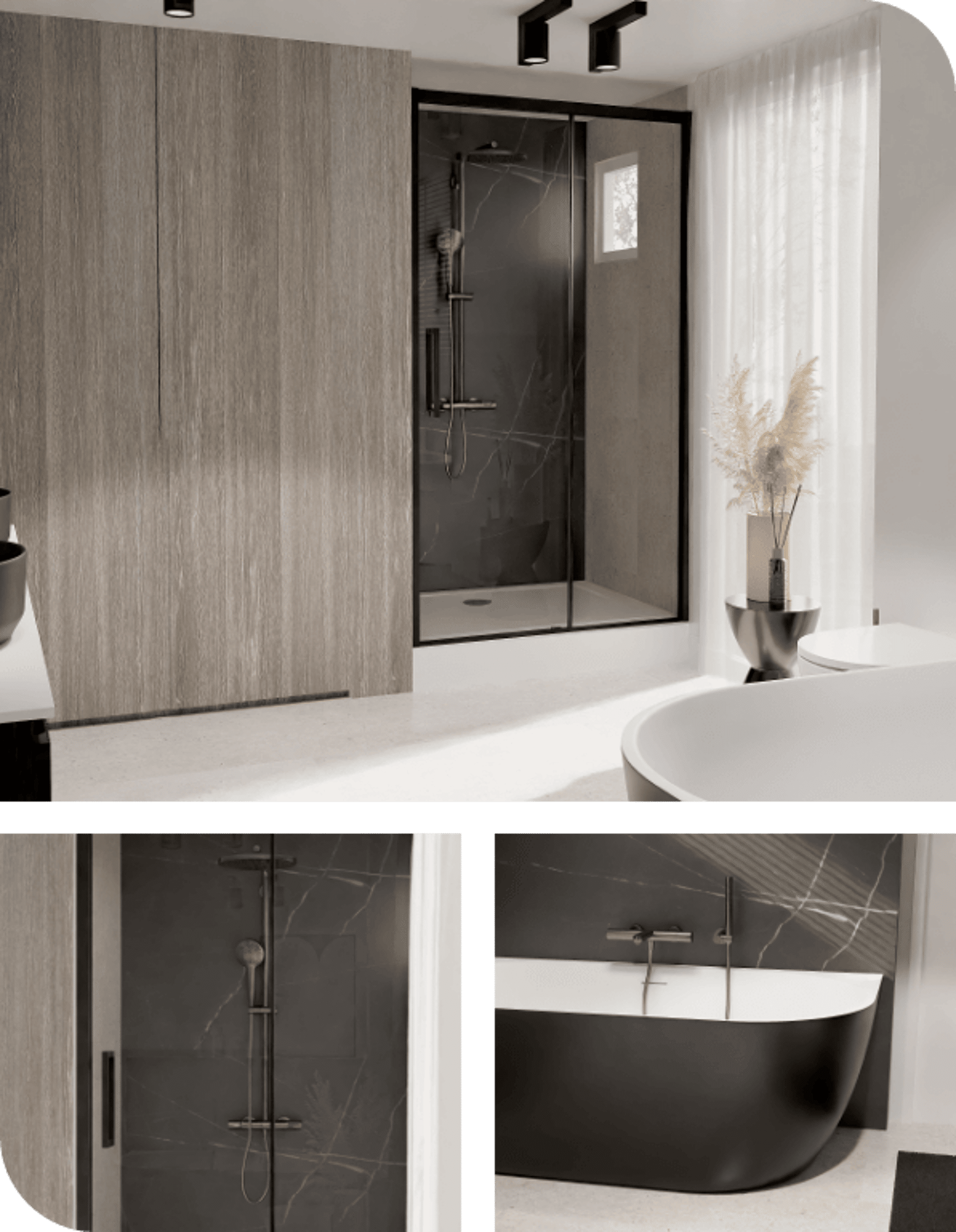 Luxuriöses Badezimmer mit schwarzer Walk-In-Dusche, freistehender Badewanne und Holzakzenten im modernen Stil.