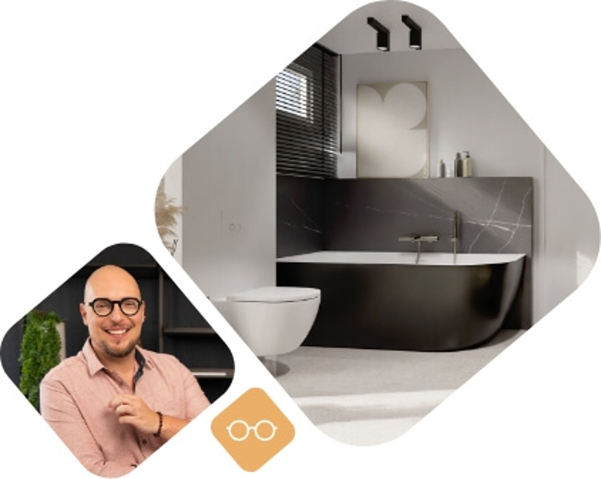 Luxuriöses Badezimmer mit schwarzer freistehender Badewanne und modernen Akzenten, kombiniert mit Designerporträt.