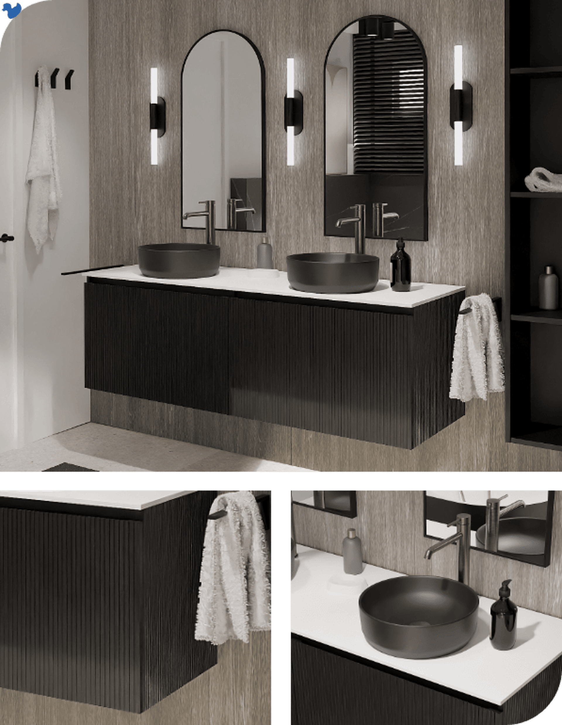 Luxuriöses Badezimmer mit schwebendem schwarzen Waschtisch, Doppelwaschbecken und moderner Beleuchtung für Eleganz.