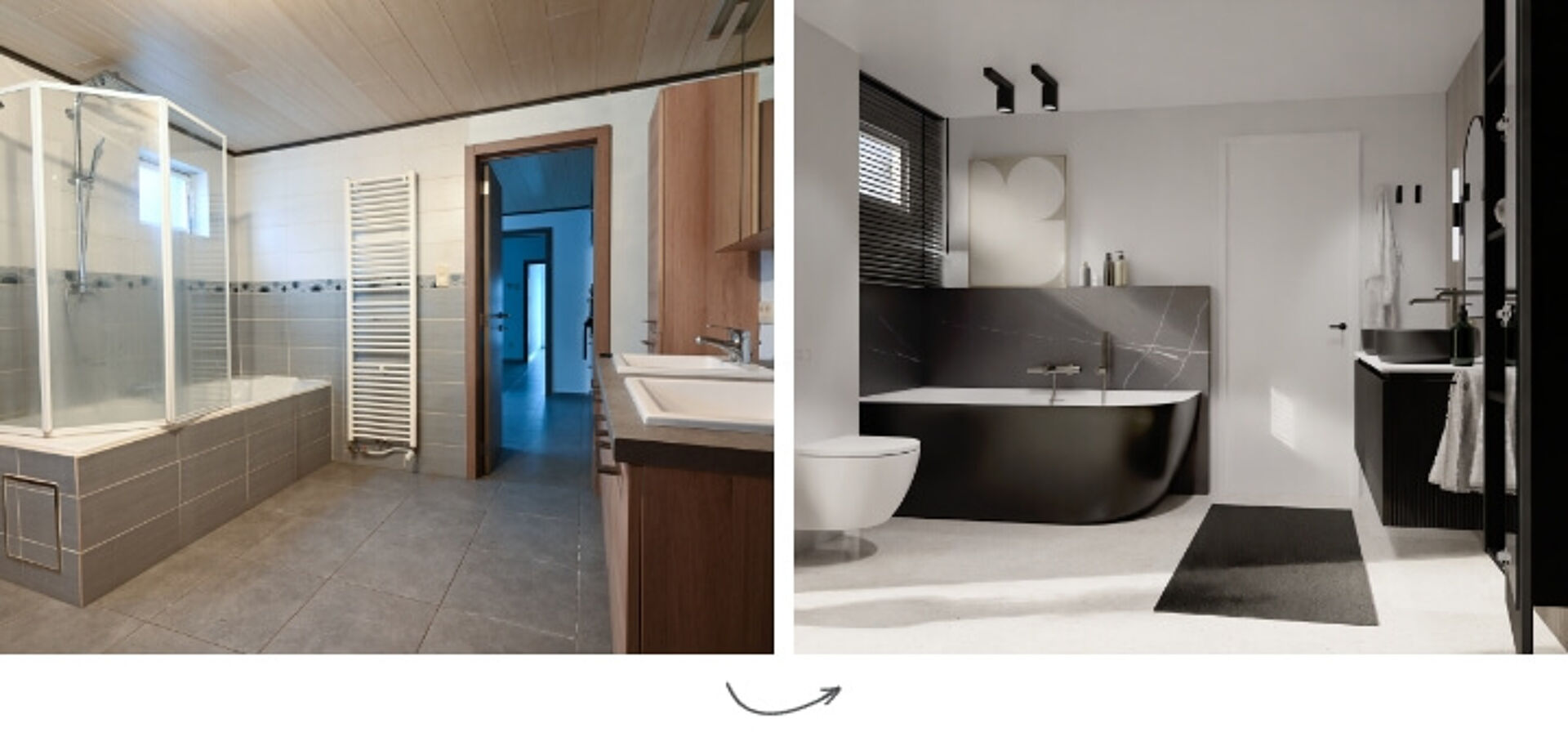 Vorher und nachher: Badezimmerumbau von klassischem Stil zu einem luxuriösen, modernen Raum mit schwarzer Badewanne.