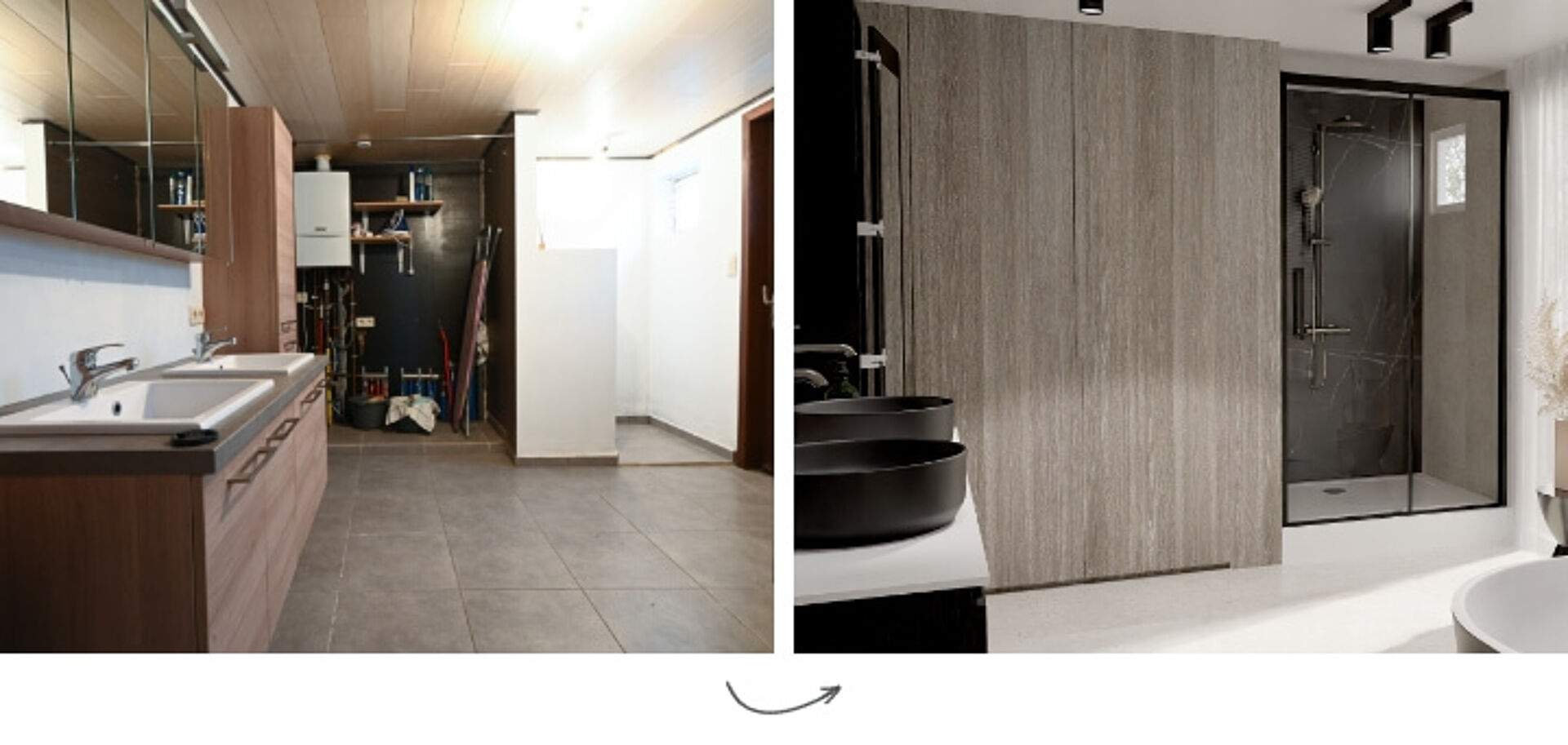 Vorher und nachher: Renovierung eines schlichten Badezimmers zu einem luxuriösen Raum mit Walk-In-Dusche und Holz.