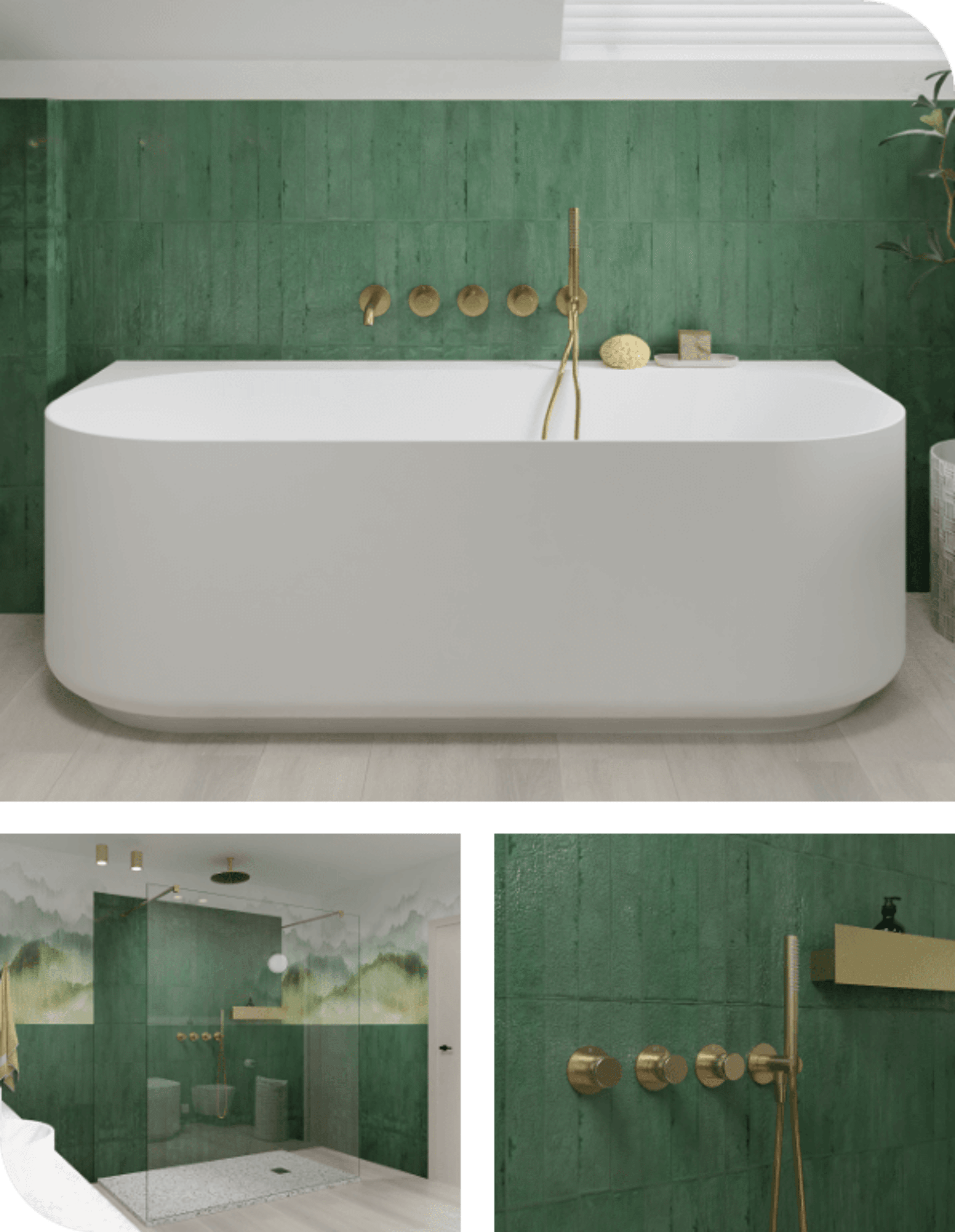 Luxe badkamer met wit vrijstaand bad, groene tegels en gouden accenten voor een stijlvolle en natuurlijke uitstraling.