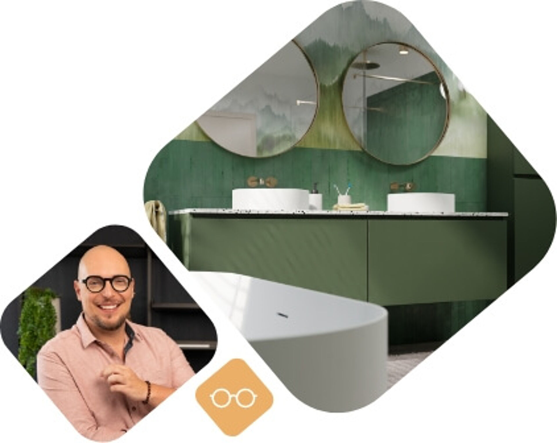 Moderne badkamer met groen wastafelmeubel, ronde spiegels en witte waskommen, gecombineerd met een designerportret.