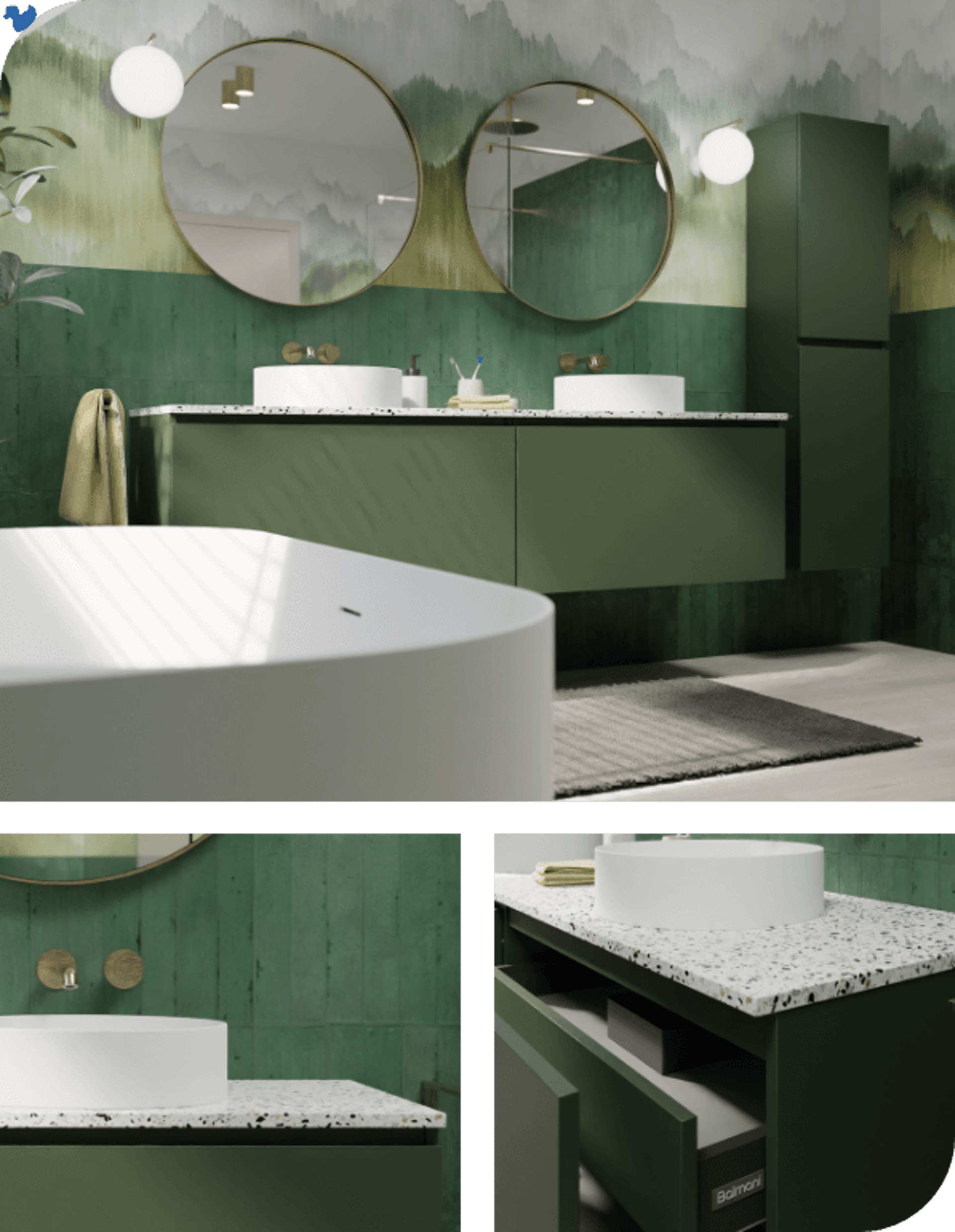 Moderne badkamer met zwevend groen wastafelmeubel, terrazzo blad, ronde spiegels en witte waskommen.