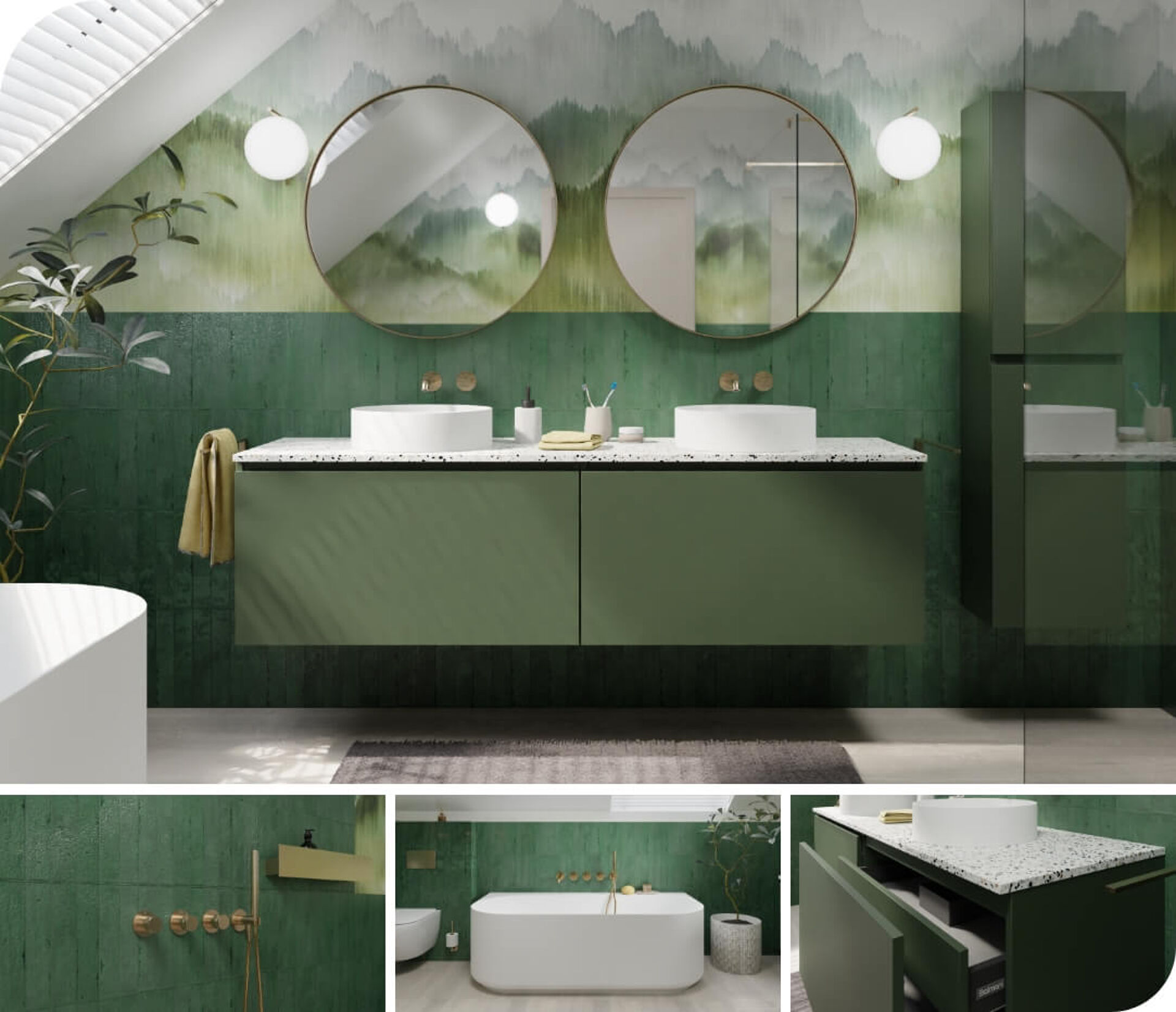 Luxe badkamer met zwevend groen wastafelmeubel, terrazzo blad, ronde spiegels en gouden accenten.