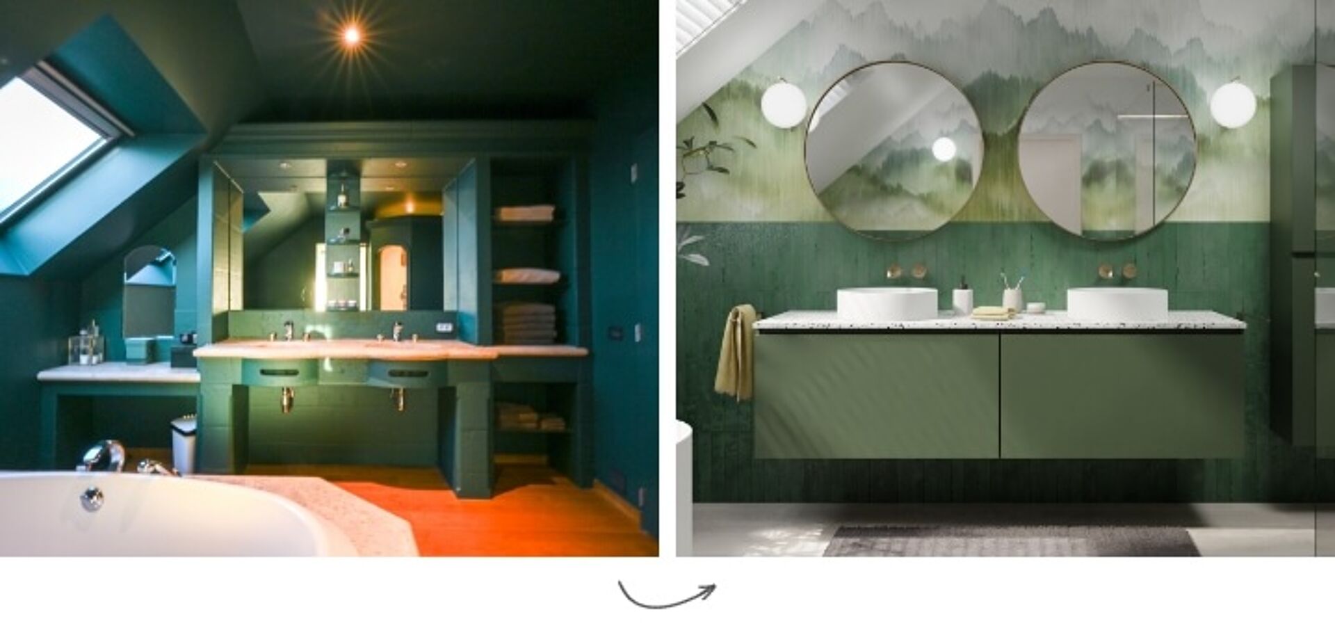 Voor en na: badkamertransformatie van een klassiek ontwerp naar een moderne ruimte met groen wastafelmeubel.
