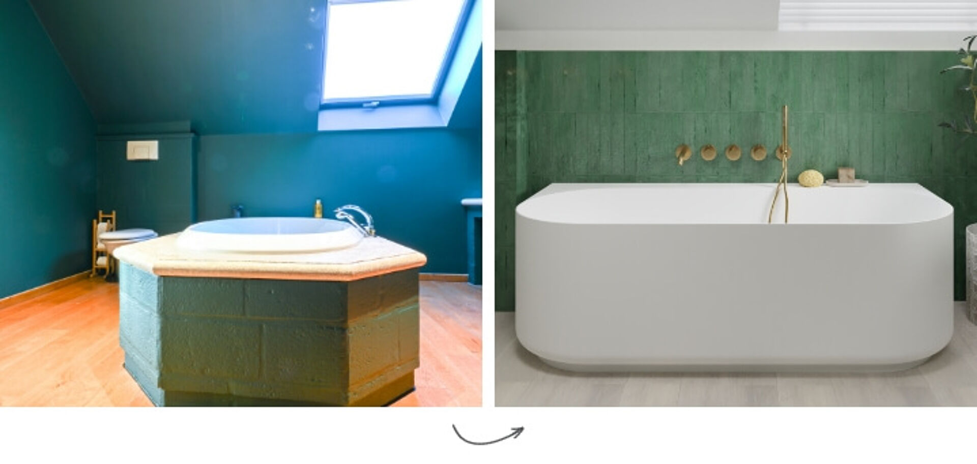 Voor en na: renovatie van een verouderd bad naar een modern vrijstaand bad met groene tegels en gouden accenten.