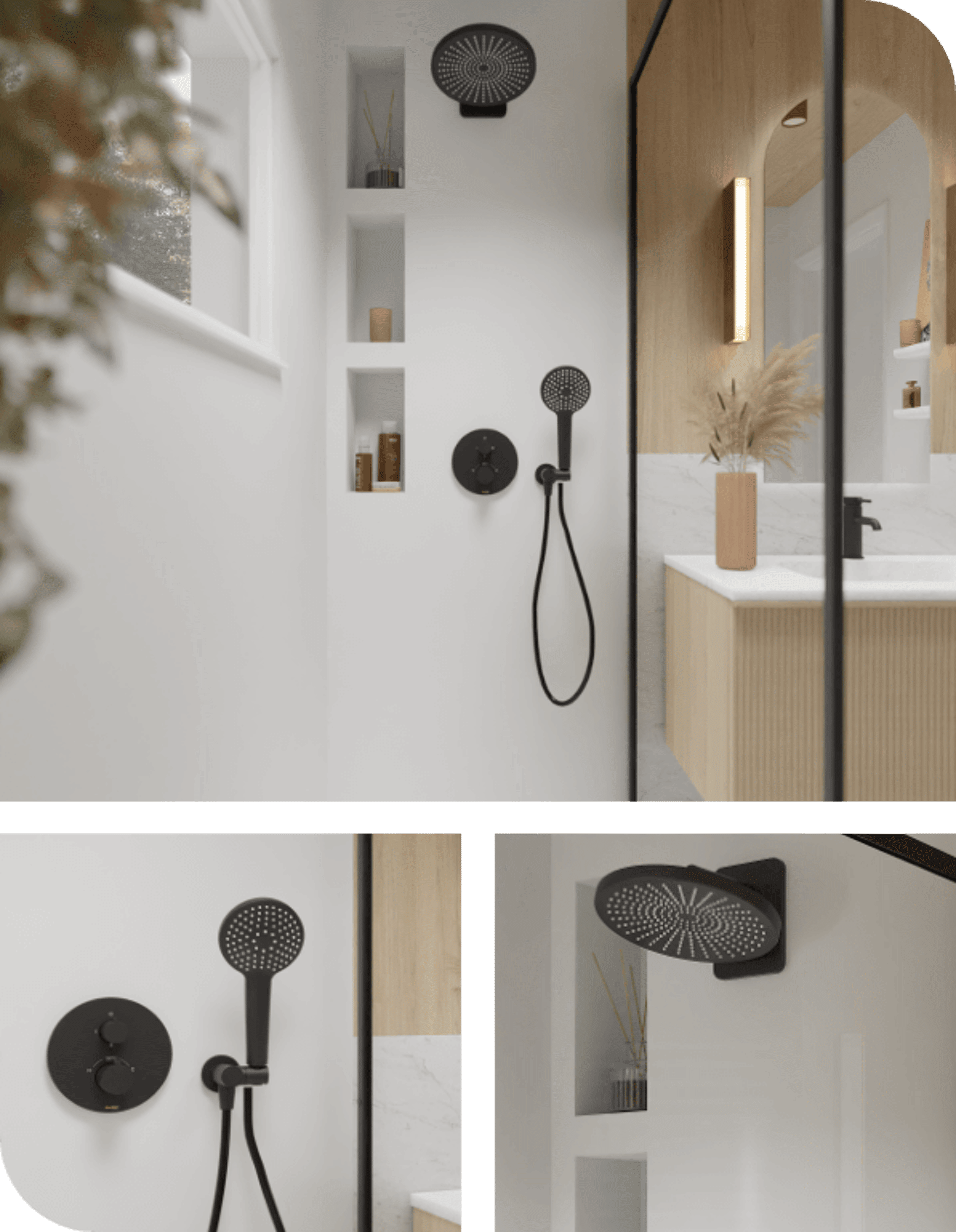 Moderne Walk-In-Dusche mit schwarzer Regendusche, eingebauten Nischen und Holzakzenten für eine warme Atmosphäre.