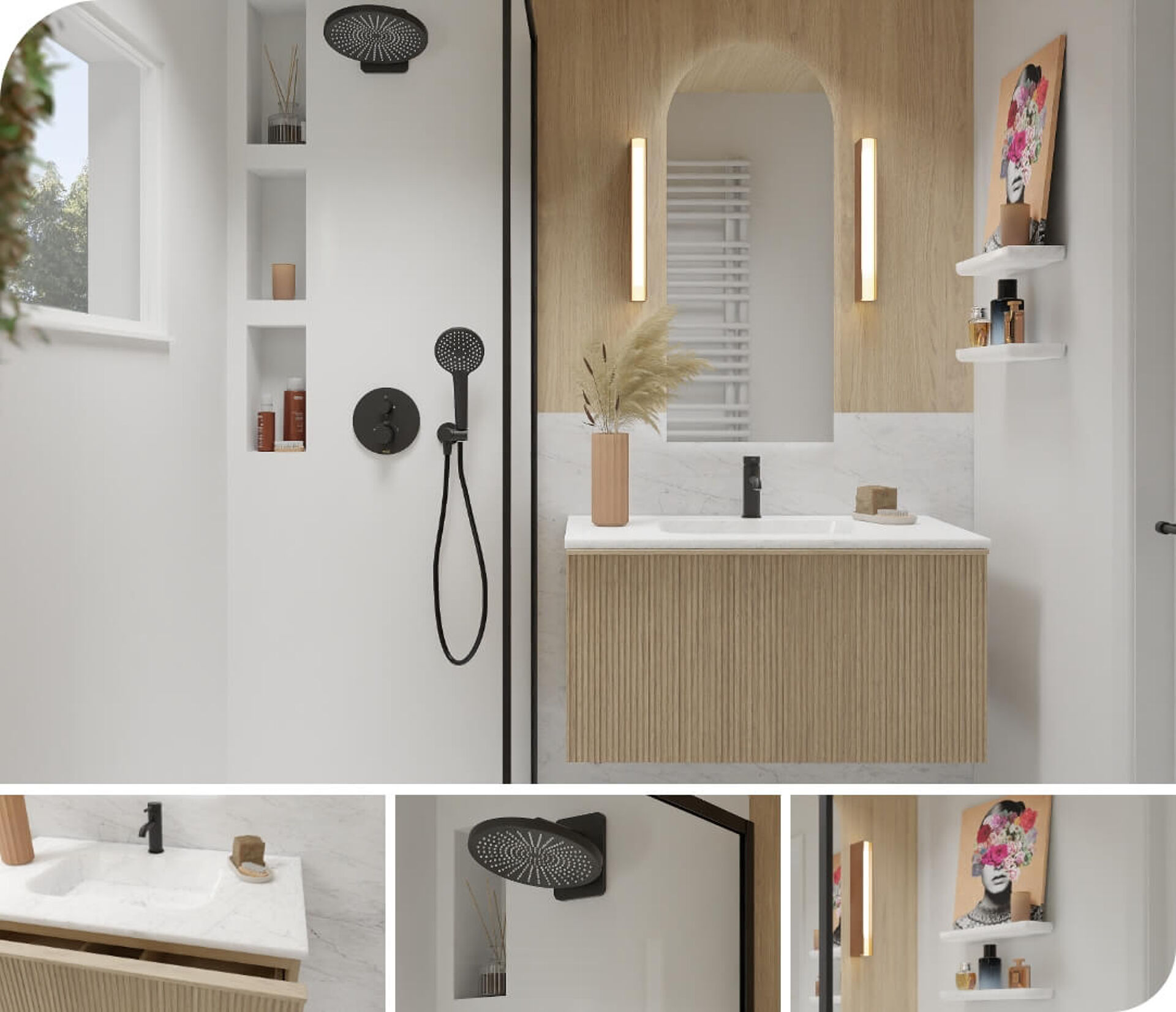 Modernes Badezimmer mit schwarz-weißer Walk-In-Dusche, Holzwaschtisch und warmer Beleuchtung für eine natürliche Optik.