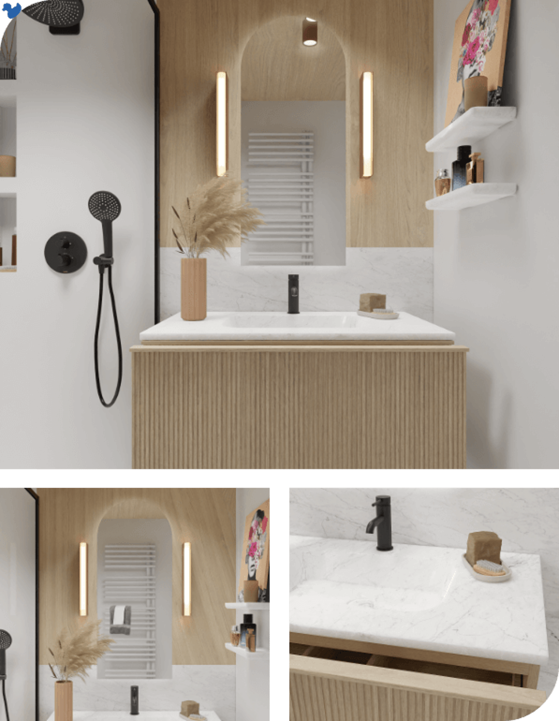 Modernes Badezimmer mit Holzwaschtisch, Marmorplatte, schwarzer Armatur und stimmungsvoller Beleuchtung.