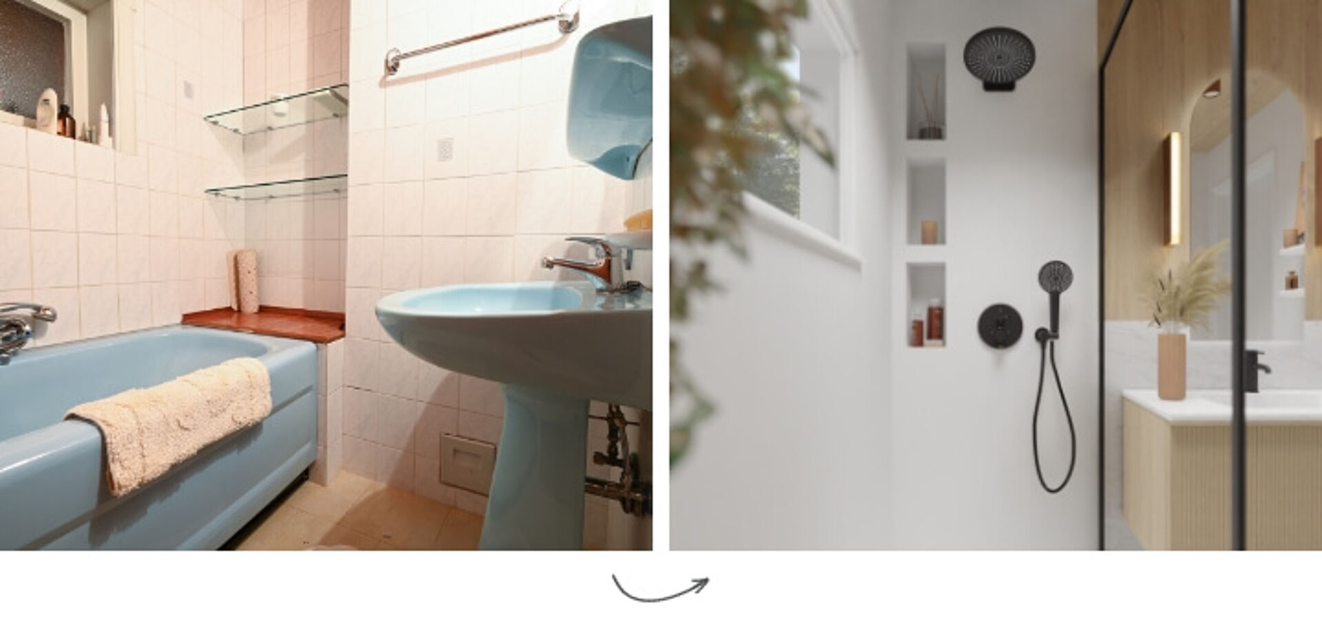 Vorher und nachher: Renovierung eines veralteten Badezimmers mit blauer Keramik zu einer modernen Walk-In-Dusche.