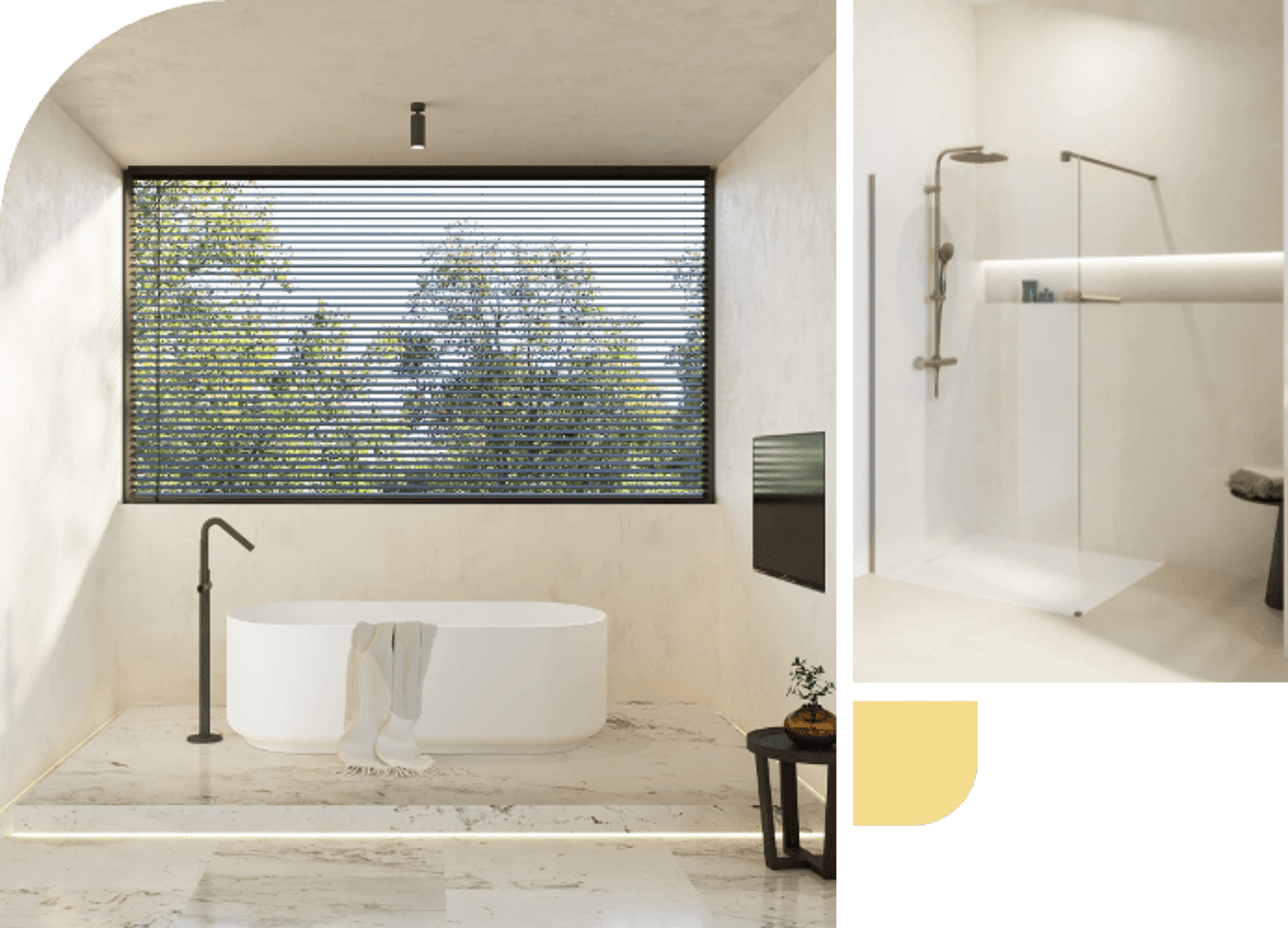 Luxe badkamer met wit vrijstaand bad, marmeren vloer en inloopdouche, met panoramisch uitzicht op de natuur.